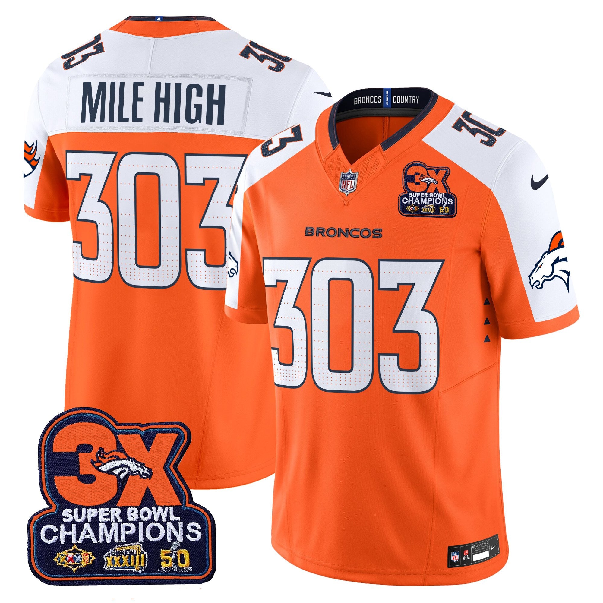 Men's Denver Broncos 3-Time Champions Patch Vapor Limited Jersey - All Stitched