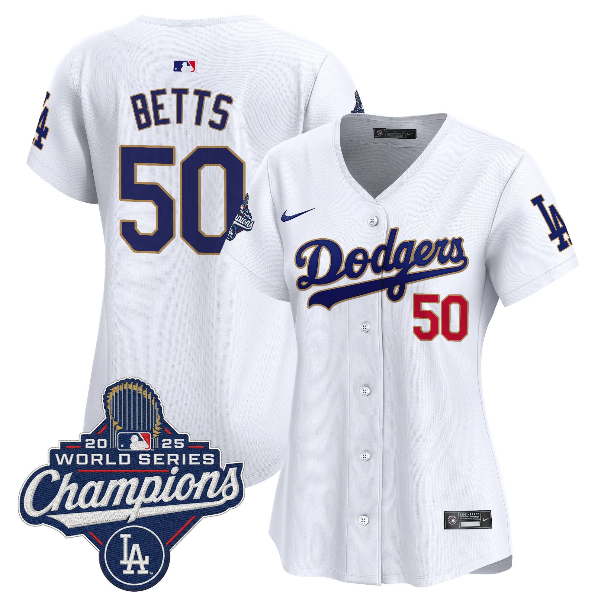 Women's Dodgers 2025 World Series Champions Patch Gold Trim Vapor Premier Limited Jersey - All Stitched