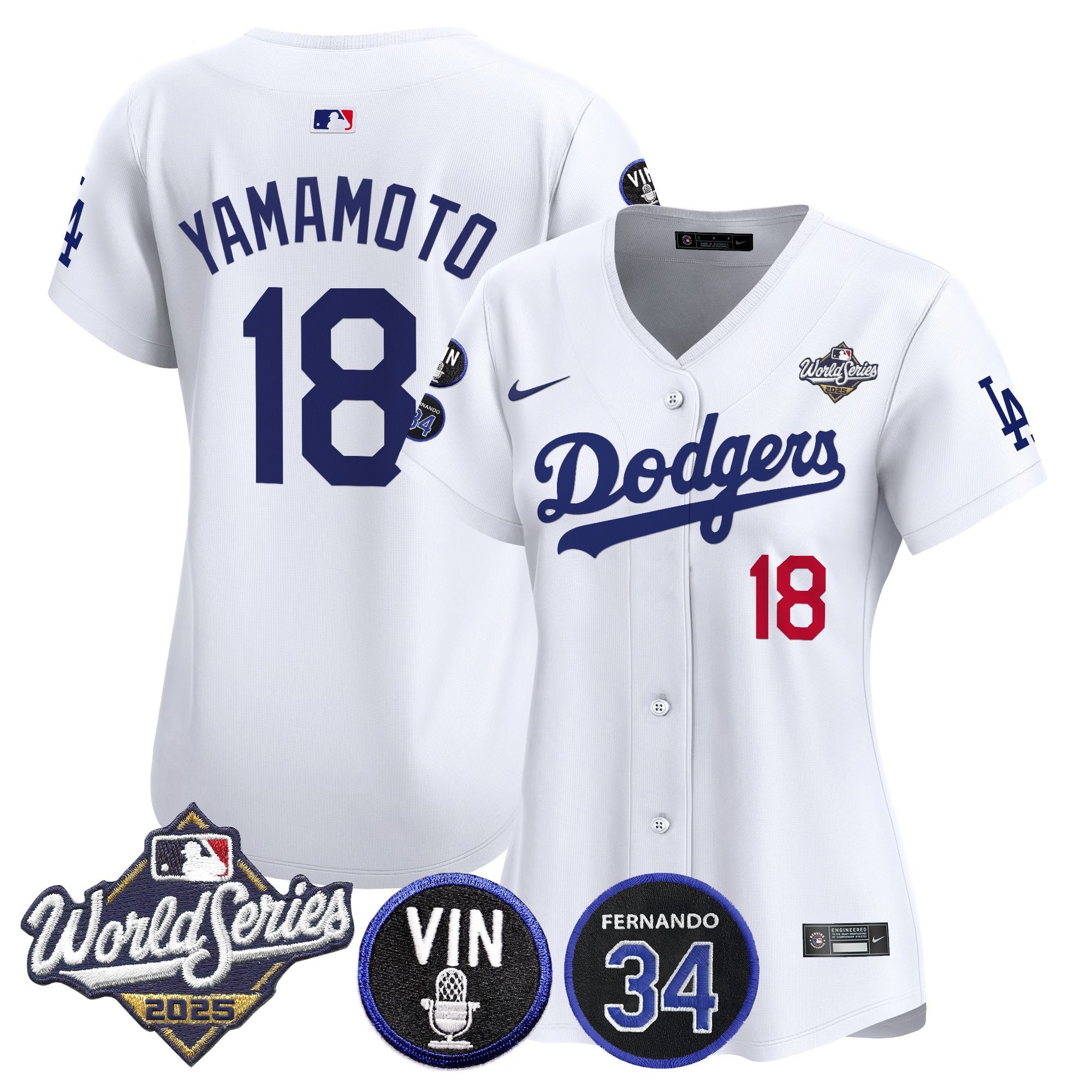 Women's Dodgers 2025 World Series Vapor Premier Limited Jersey - Vin Scully & Fernando Patch - All Stitched