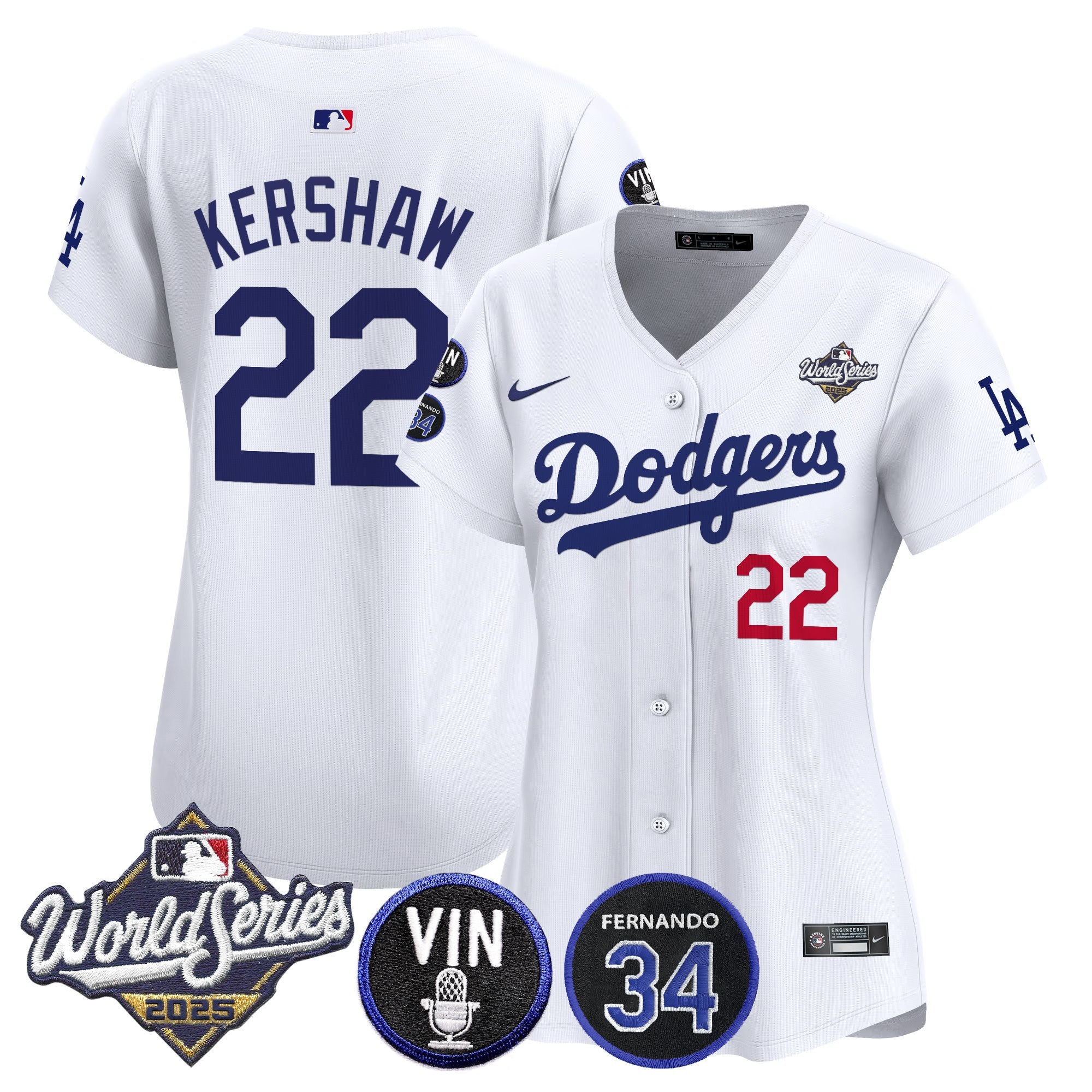Women's Dodgers 2025 World Series Vapor Premier Limited Jersey - Vin Scully & Fernando Patch - All Stitched