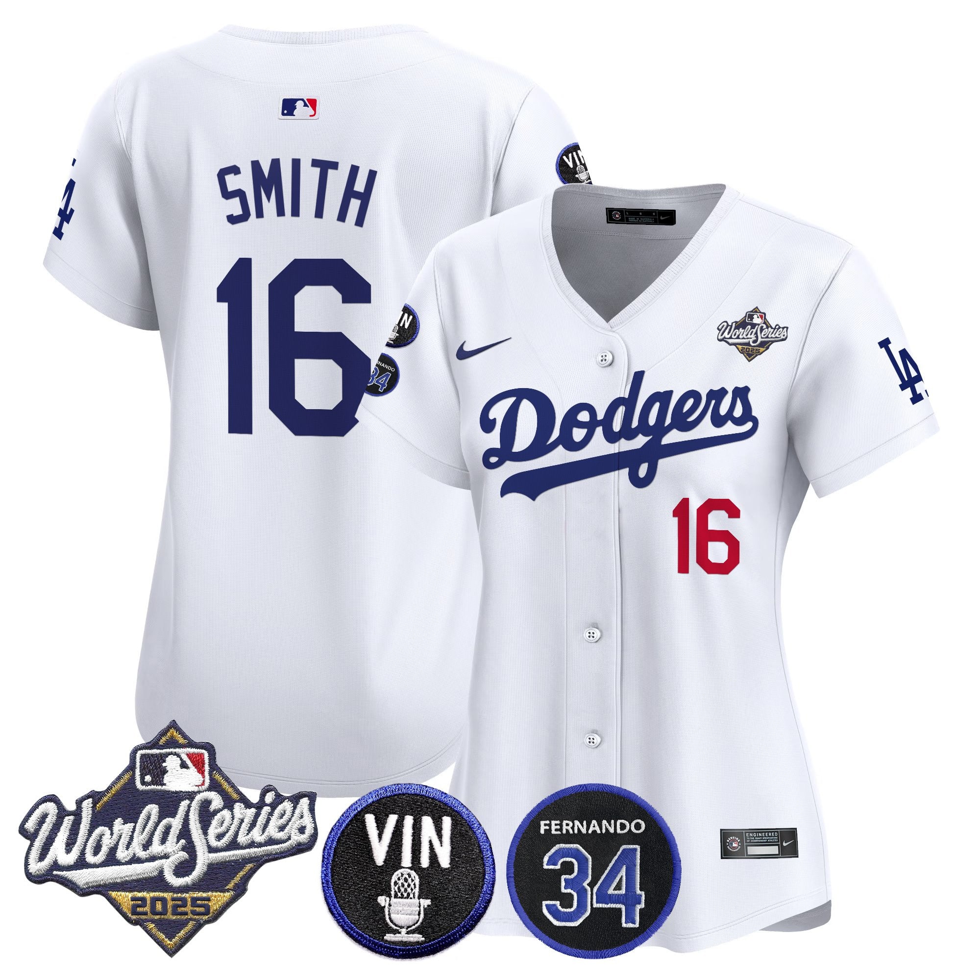 Women's Dodgers 2025 World Series Vapor Premier Limited Jersey - Vin Scully & Fernando Patch - All Stitched