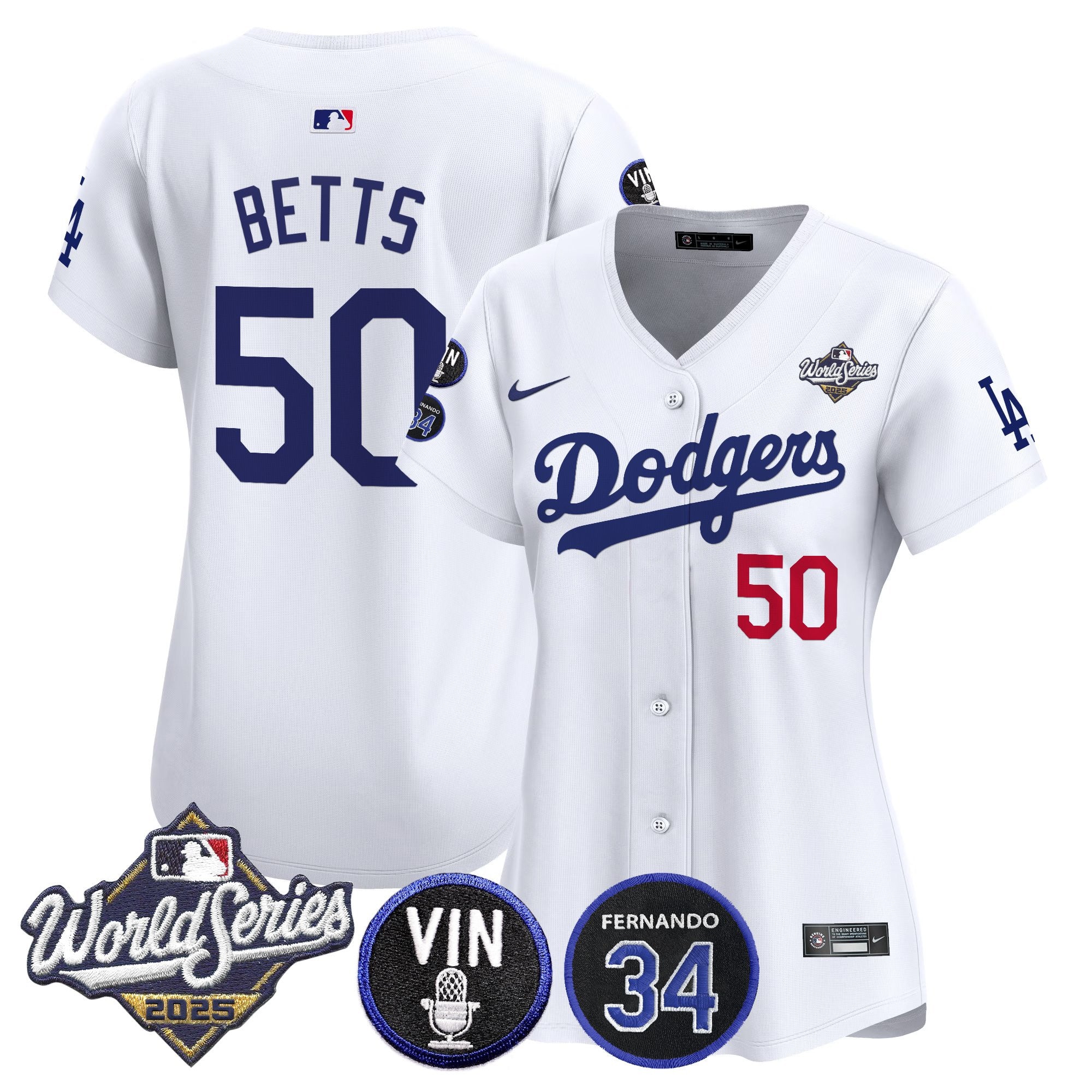 Women's Dodgers 2025 World Series Vapor Premier Limited Jersey - Vin Scully & Fernando Patch - All Stitched