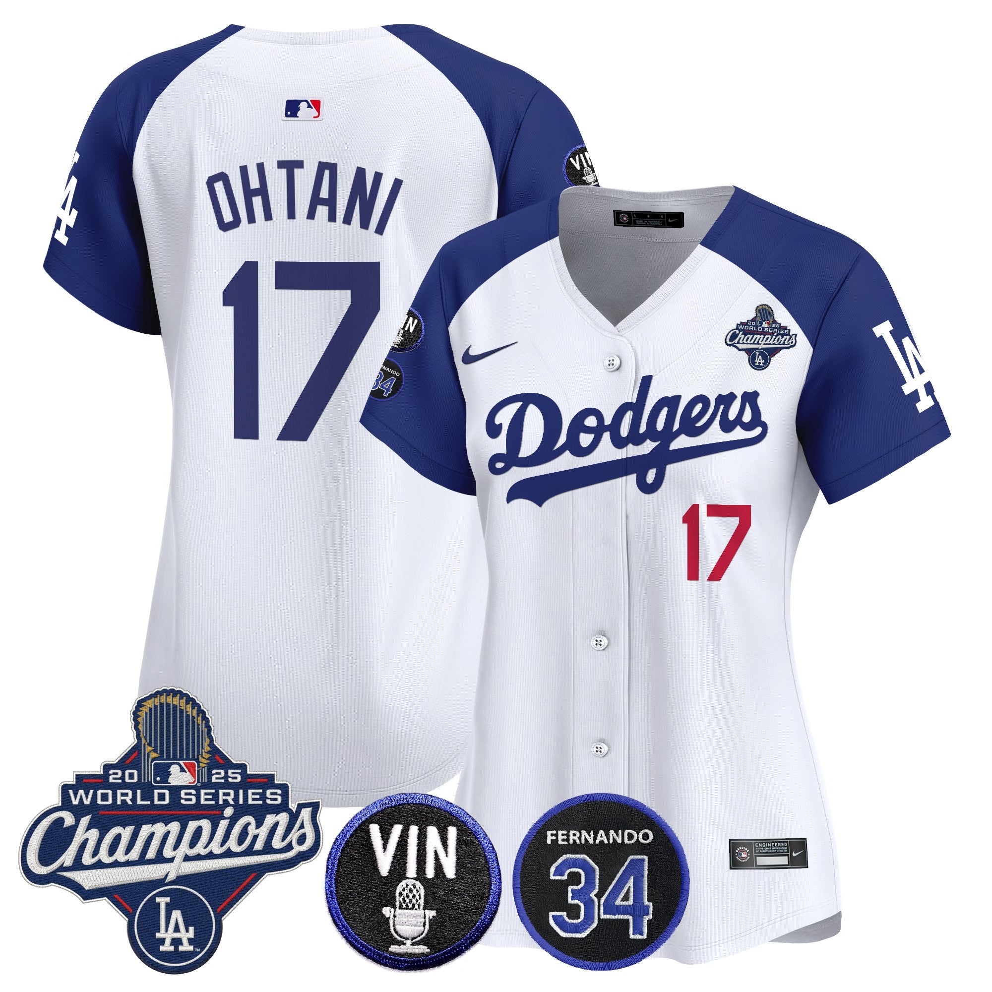Women's Dodgers 2025 World Series Champions Vapor Premier Limited Jersey - Vin Scully & Fernando Patch - All Stitched