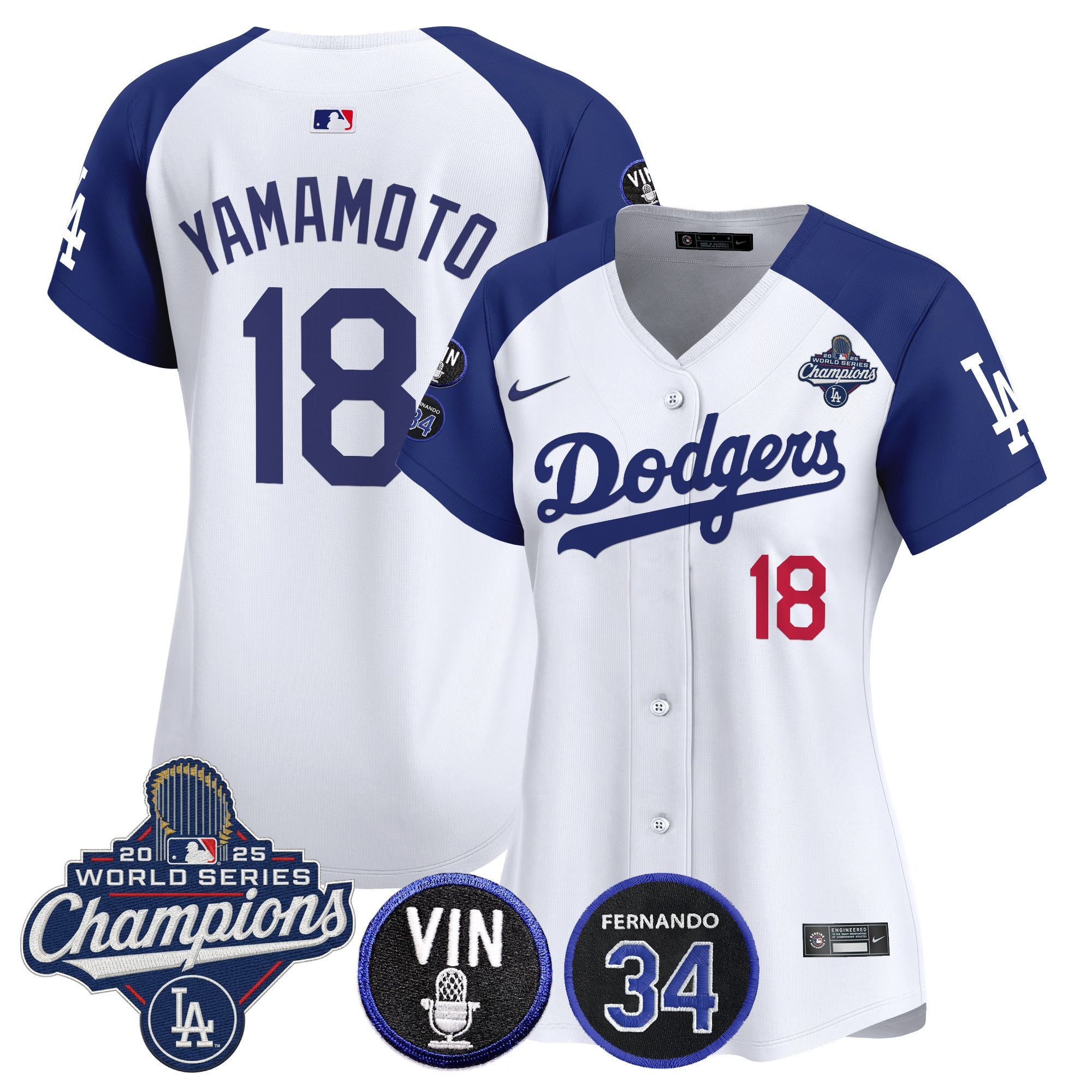 Women's Dodgers 2025 World Series Champions Vapor Premier Limited Jersey - Vin Scully & Fernando Patch - All Stitched