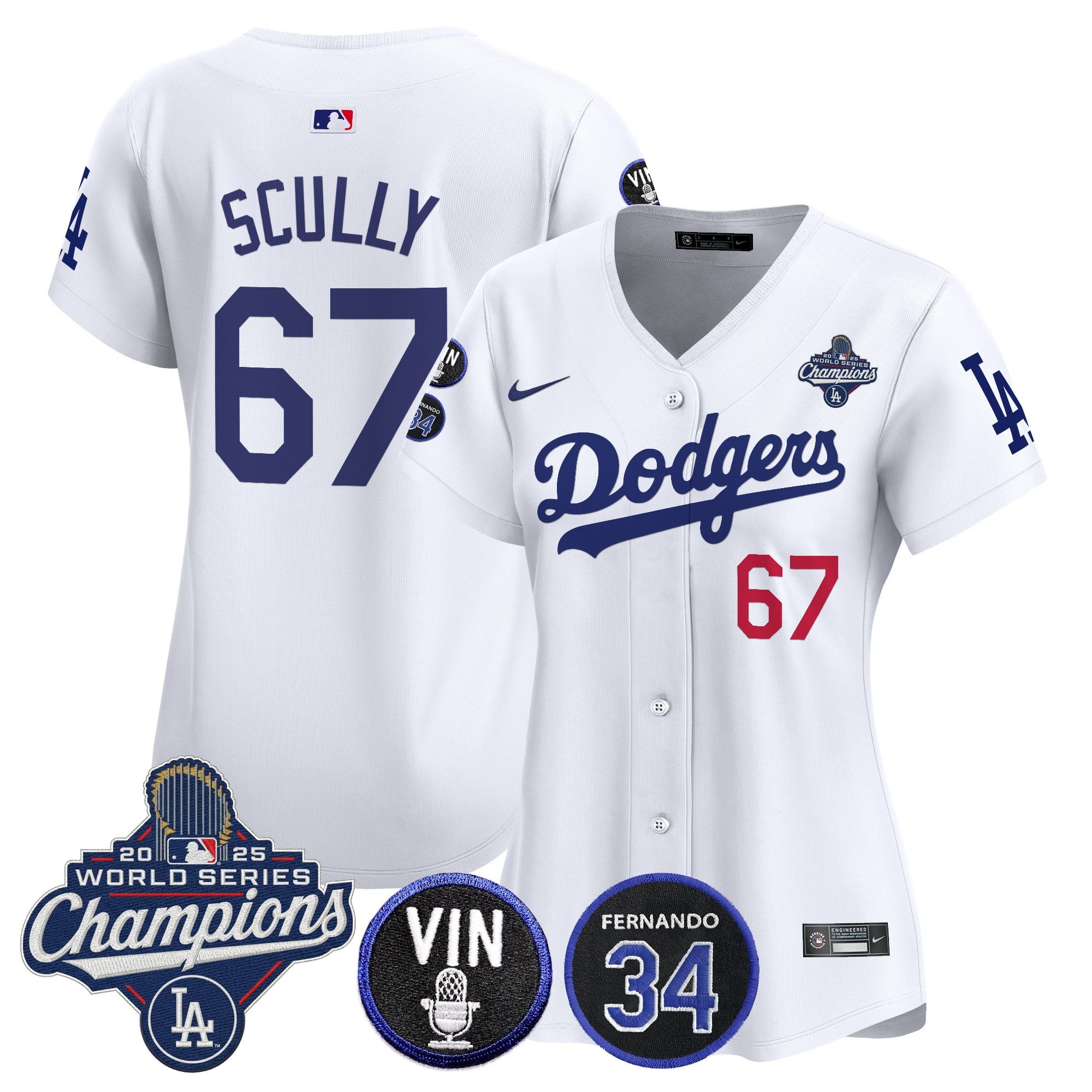 Women's Dodgers 2025 World Series Champions Vapor Premier Limited Jersey - Vin Scully & Fernando Patch - All Stitched