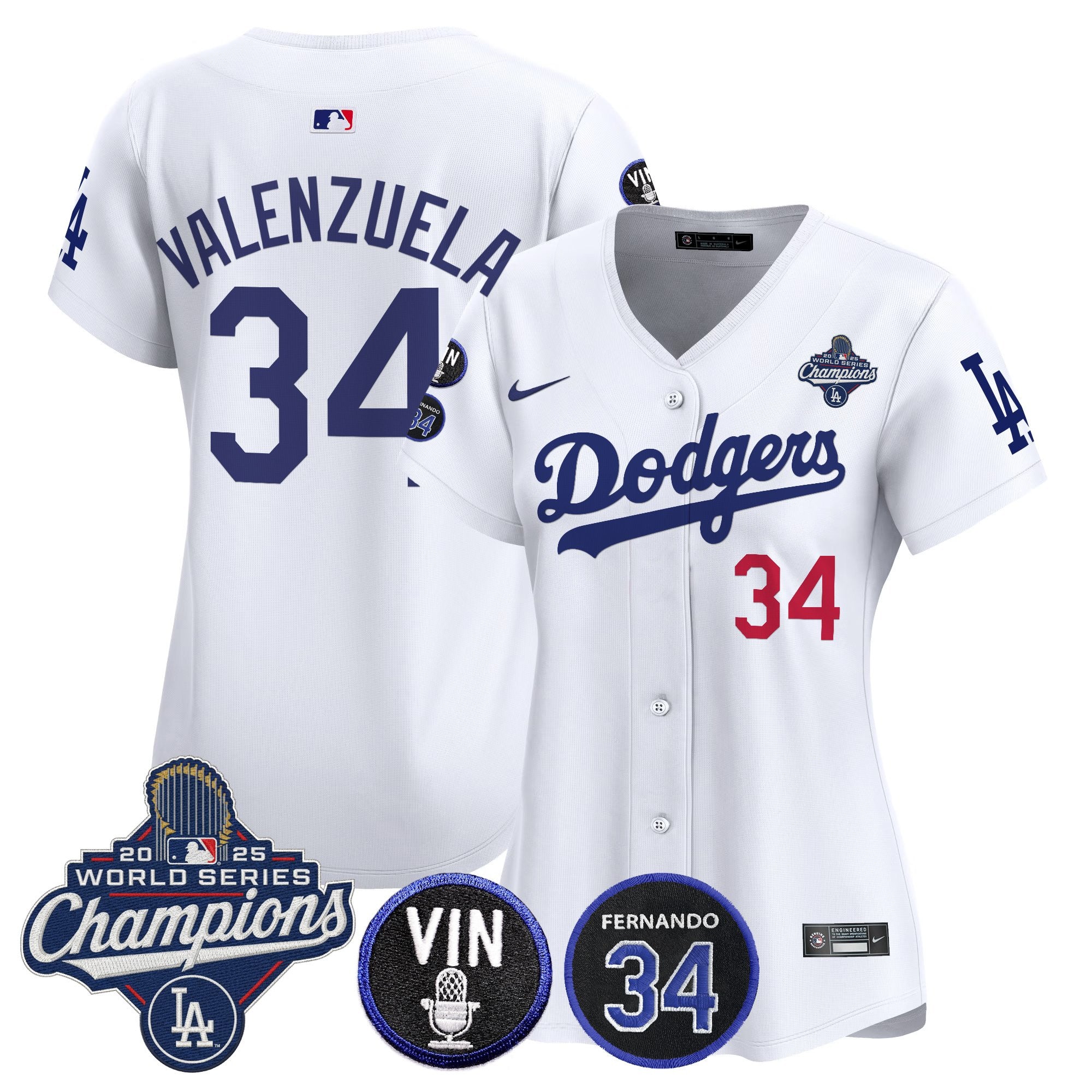Women's Dodgers 2025 World Series Champions Vapor Premier Limited Jersey - Vin Scully & Fernando Patch - All Stitched