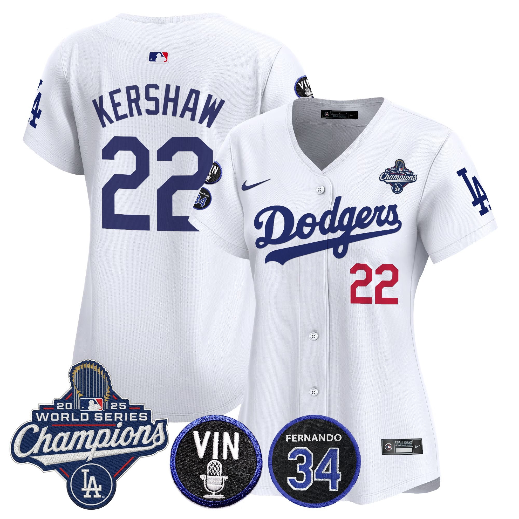 Women's Dodgers 2025 World Series Champions Vapor Premier Limited Jersey - Vin Scully & Fernando Patch - All Stitched