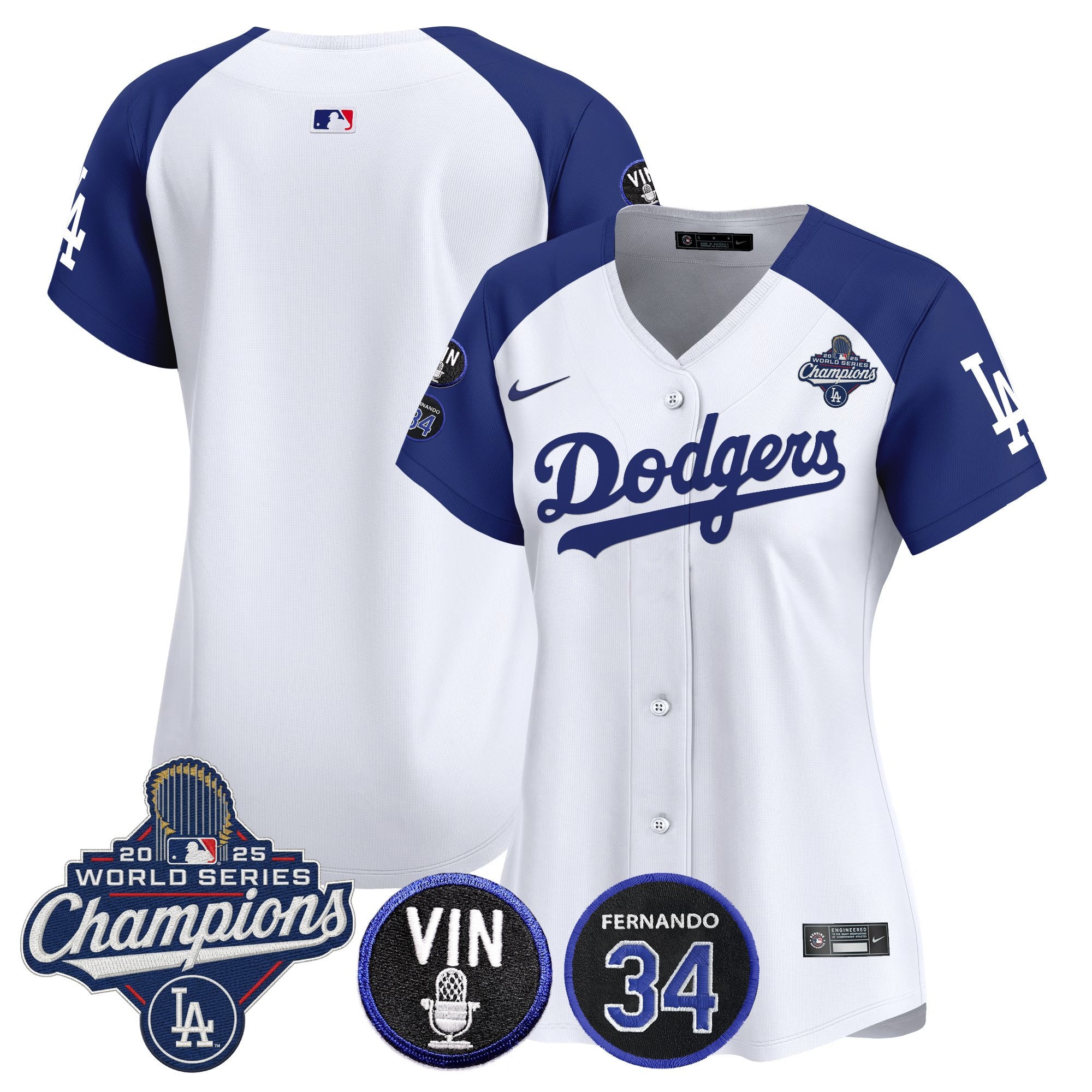 Women's Dodgers 2025 World Series Champions Vapor Premier Limited Jersey - Vin Scully & Fernando Patch - All Stitched