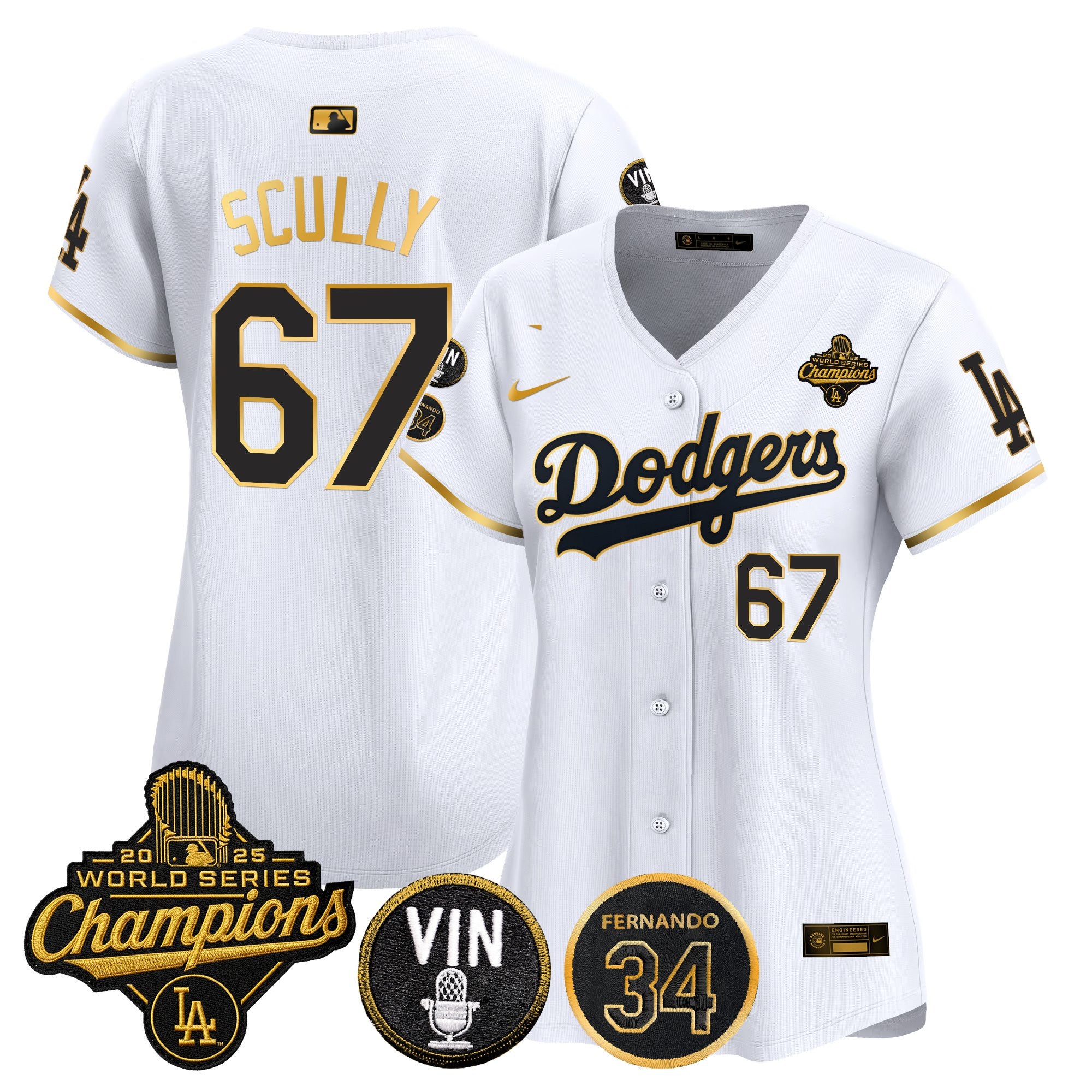 Women's Dodgers 2025 World Series Champions Vapor Premier Limited Jersey - Vin Scully & Fernando Patch - All Stitched