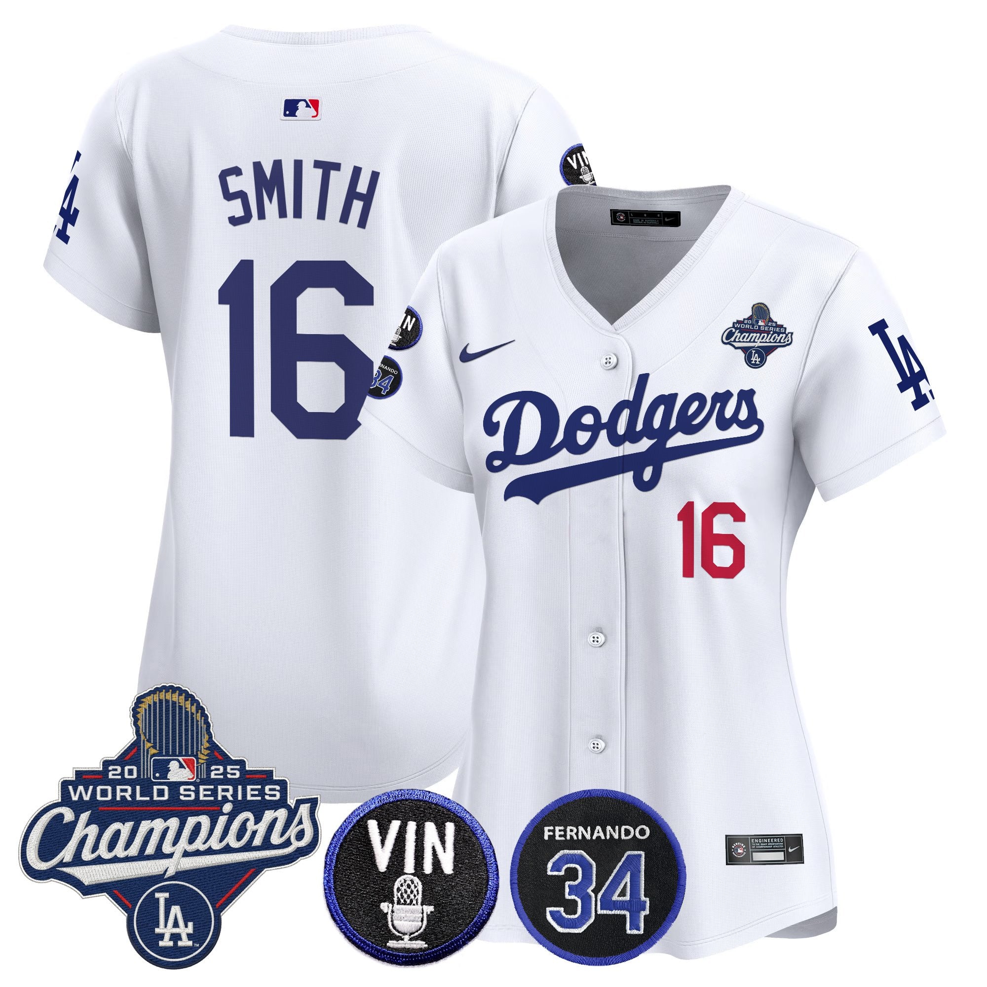 Women's Dodgers 2025 World Series Champions Vapor Premier Limited Jersey - Vin Scully & Fernando Patch - All Stitched