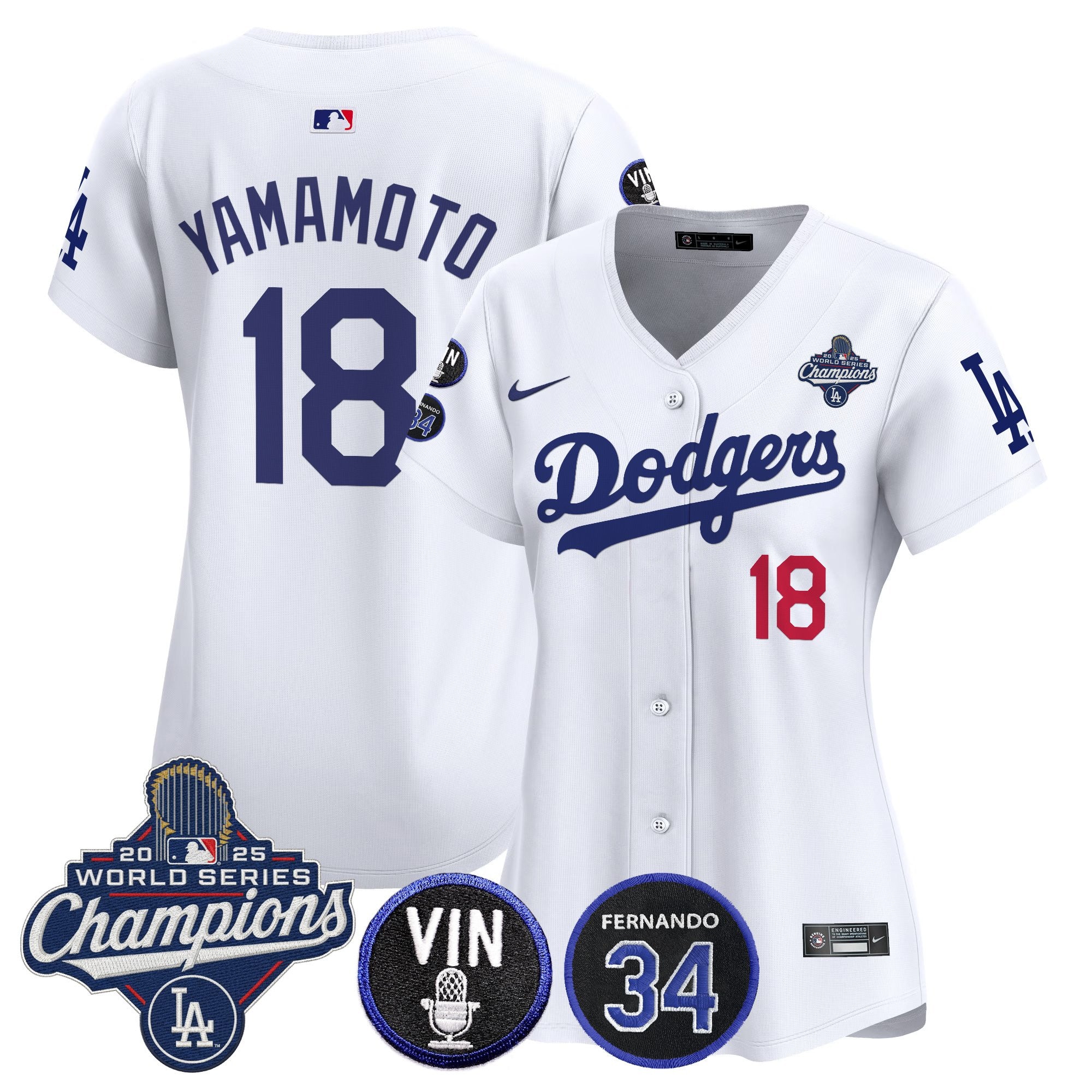 Women's Dodgers 2025 World Series Champions Vapor Premier Limited Jersey - Vin Scully & Fernando Patch - All Stitched