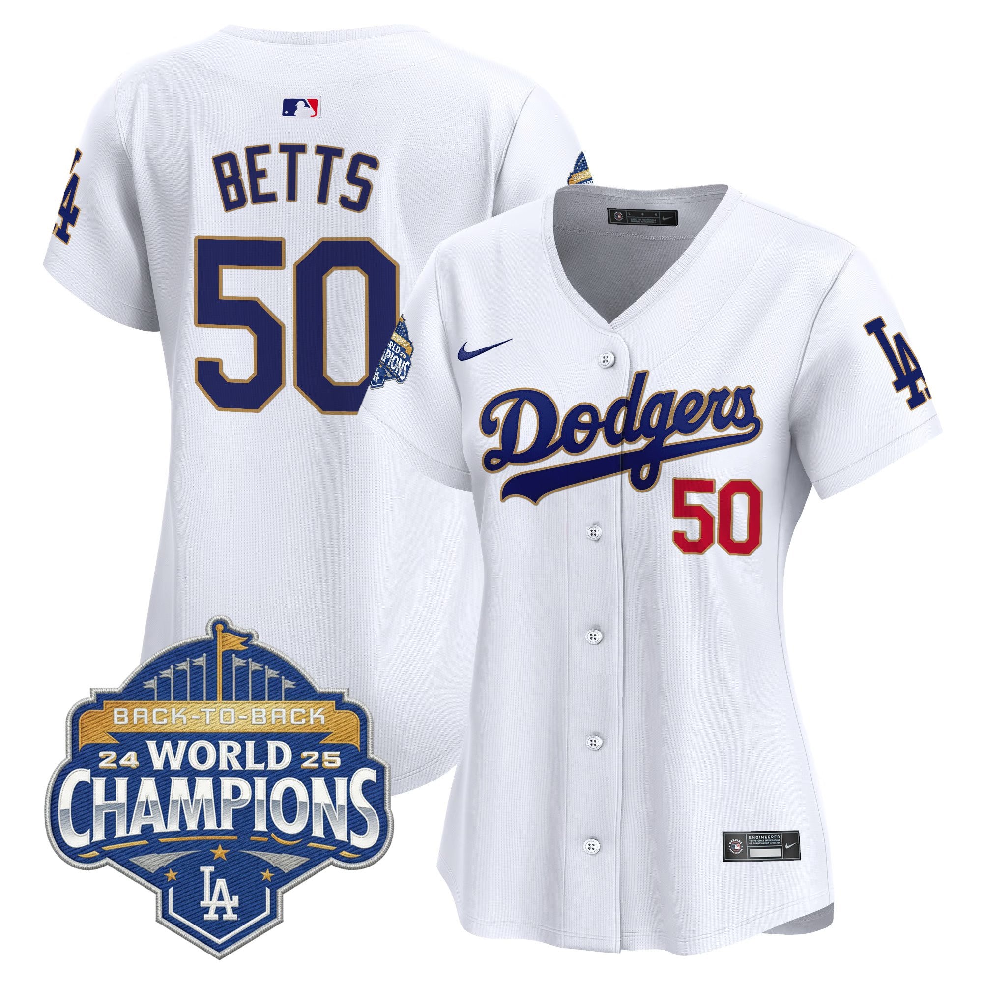 Women's Dodgers 2025 Back-To-Back Champions Gold Trim Vapor Premier Limited Jersey - All Stitched
