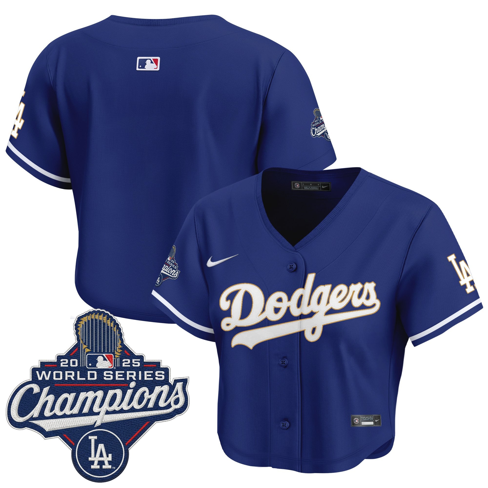 Women's Dodgers 2025 World Series Champions Patch Gold Trim Crop Top Baseball Jersey - All Stitched