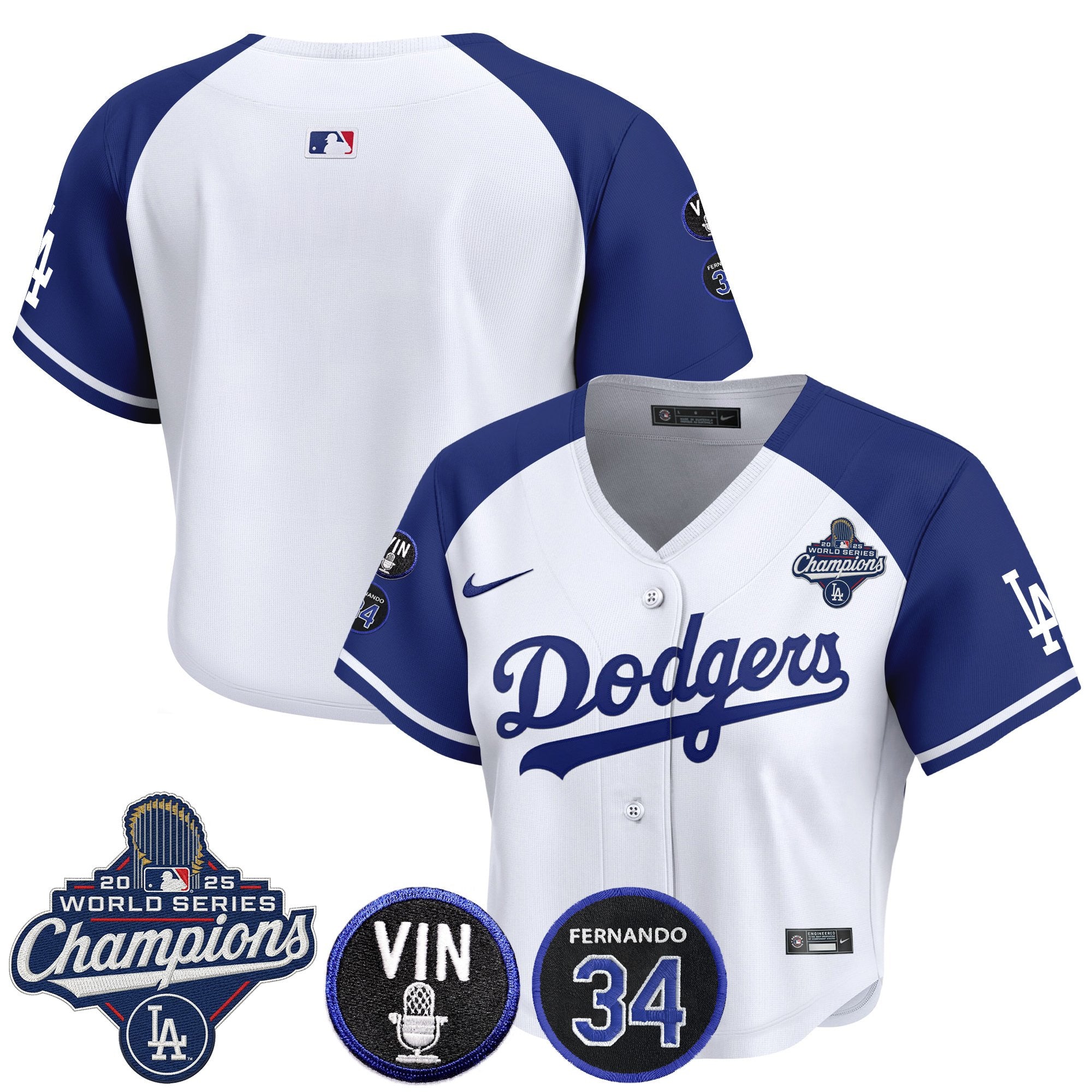 Women's Dodgers 2025 World Series Champions Crop Top Baseball Jersey - Vin Scully & Fernando Patch - All Stitched