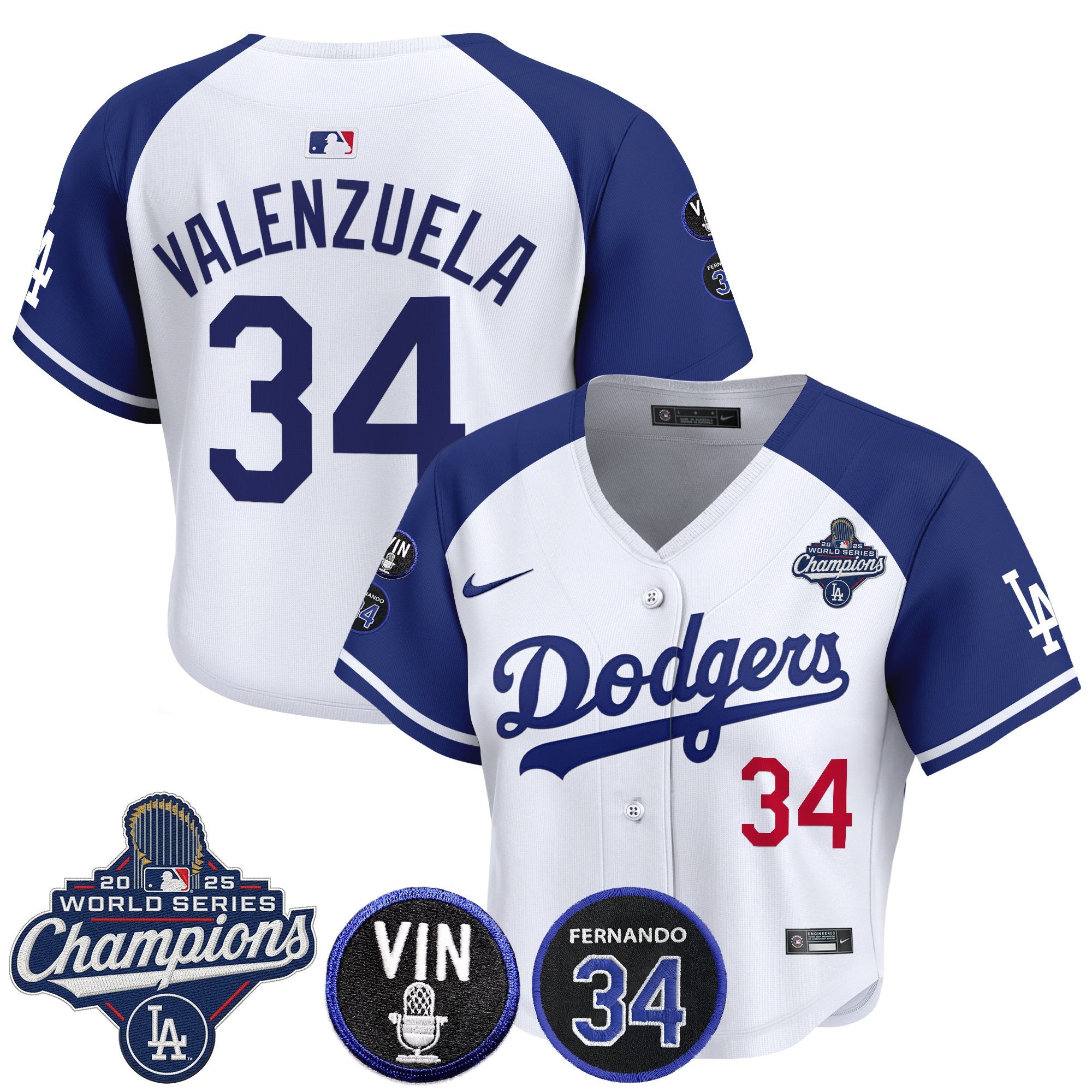 Women's Dodgers 2025 World Series Champions Crop Top Baseball Jersey - Vin Scully & Fernando Patch - All Stitched