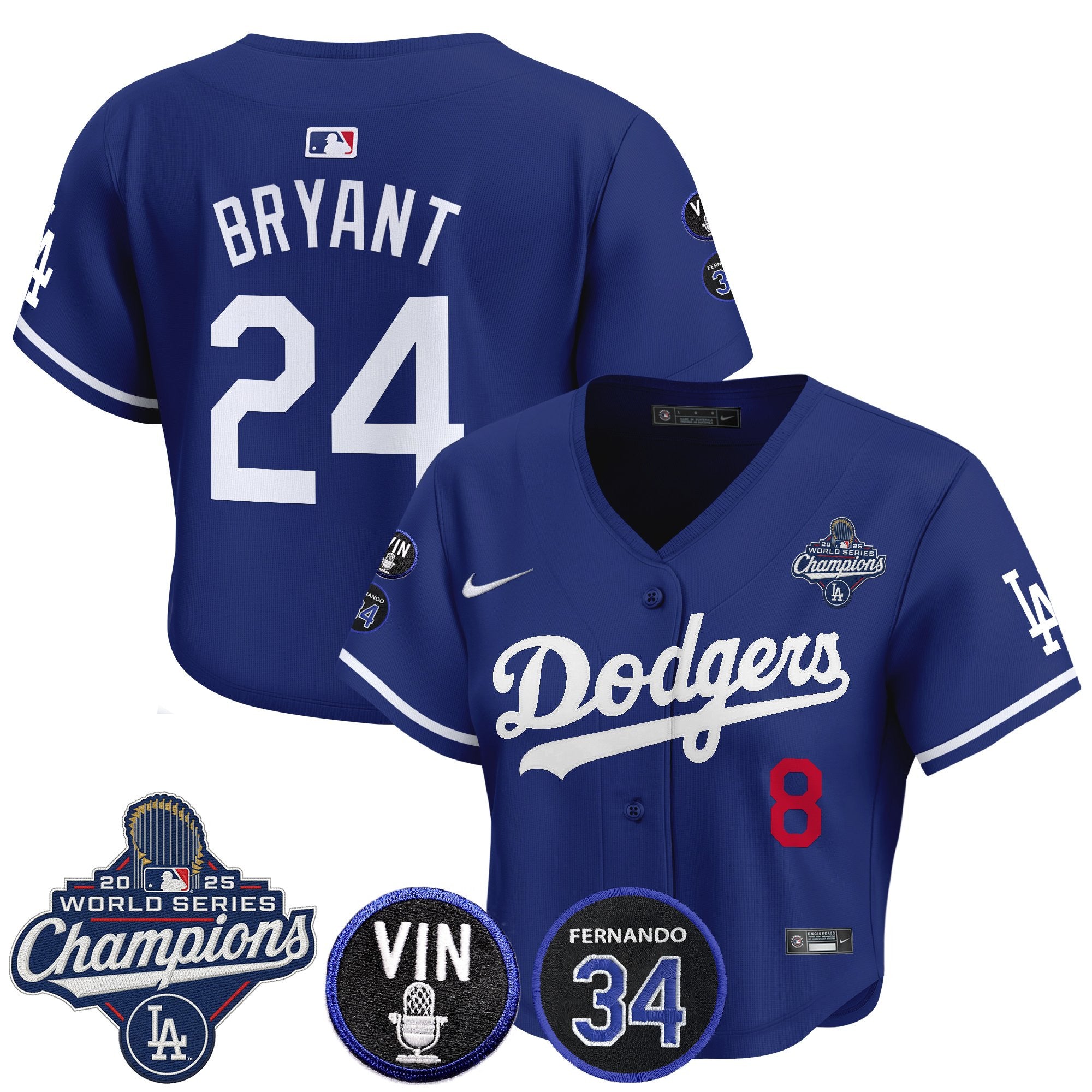 Women's Dodgers 2025 World Series Champions Crop Top Baseball Jersey - Vin Scully & Fernando Patch - All Stitched
