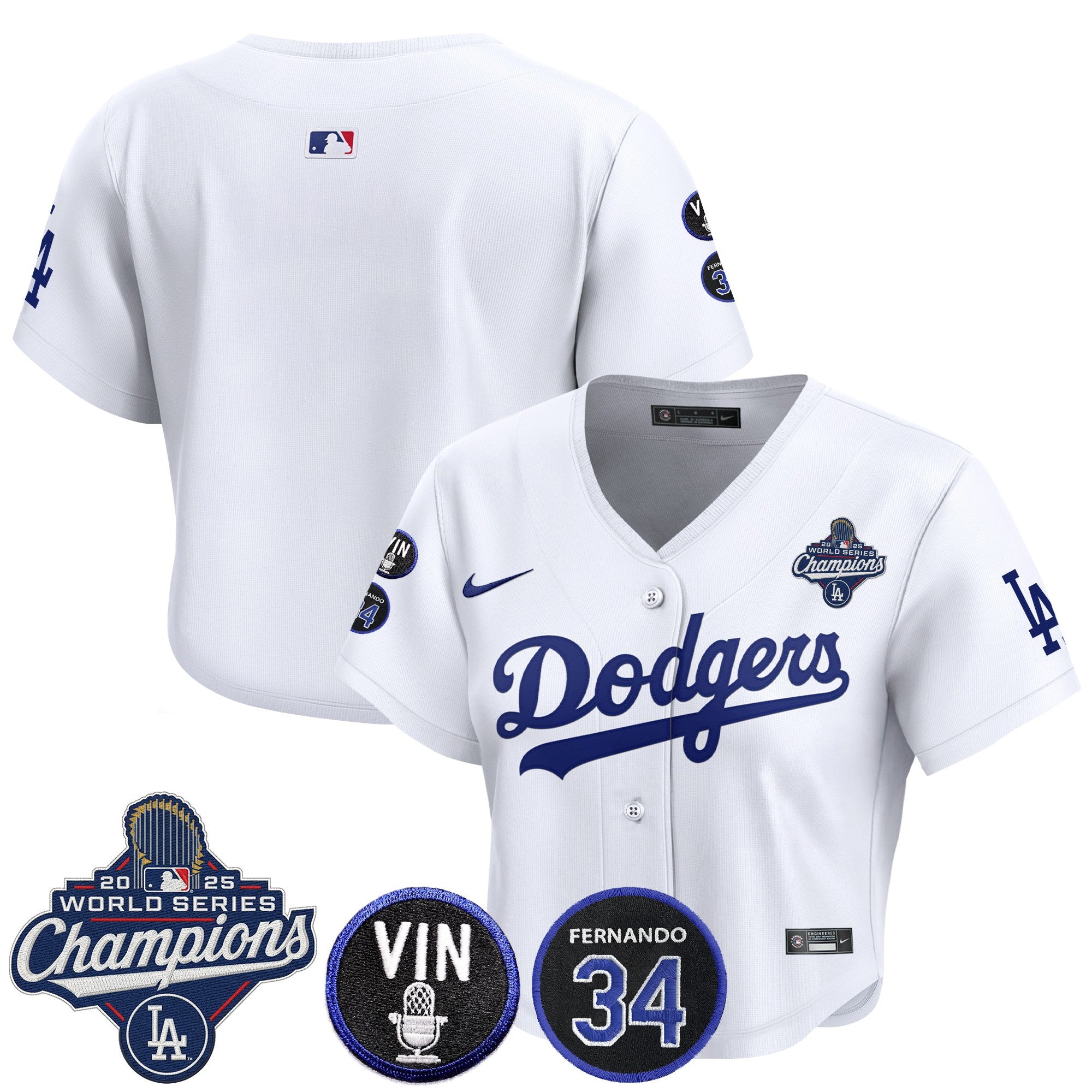 Women's Dodgers 2025 World Series Champions Crop Top Baseball Jersey - Vin Scully & Fernando Patch - All Stitched
