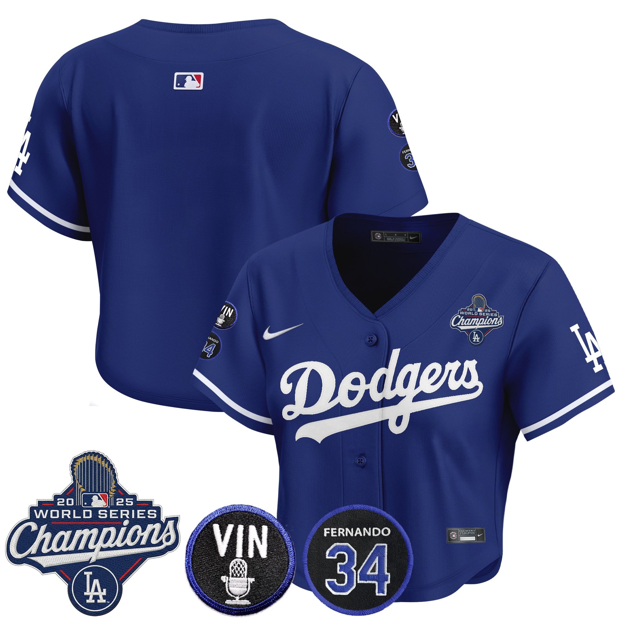 Women's Dodgers 2025 World Series Champions Crop Top Baseball Jersey - Vin Scully & Fernando Patch - All Stitched