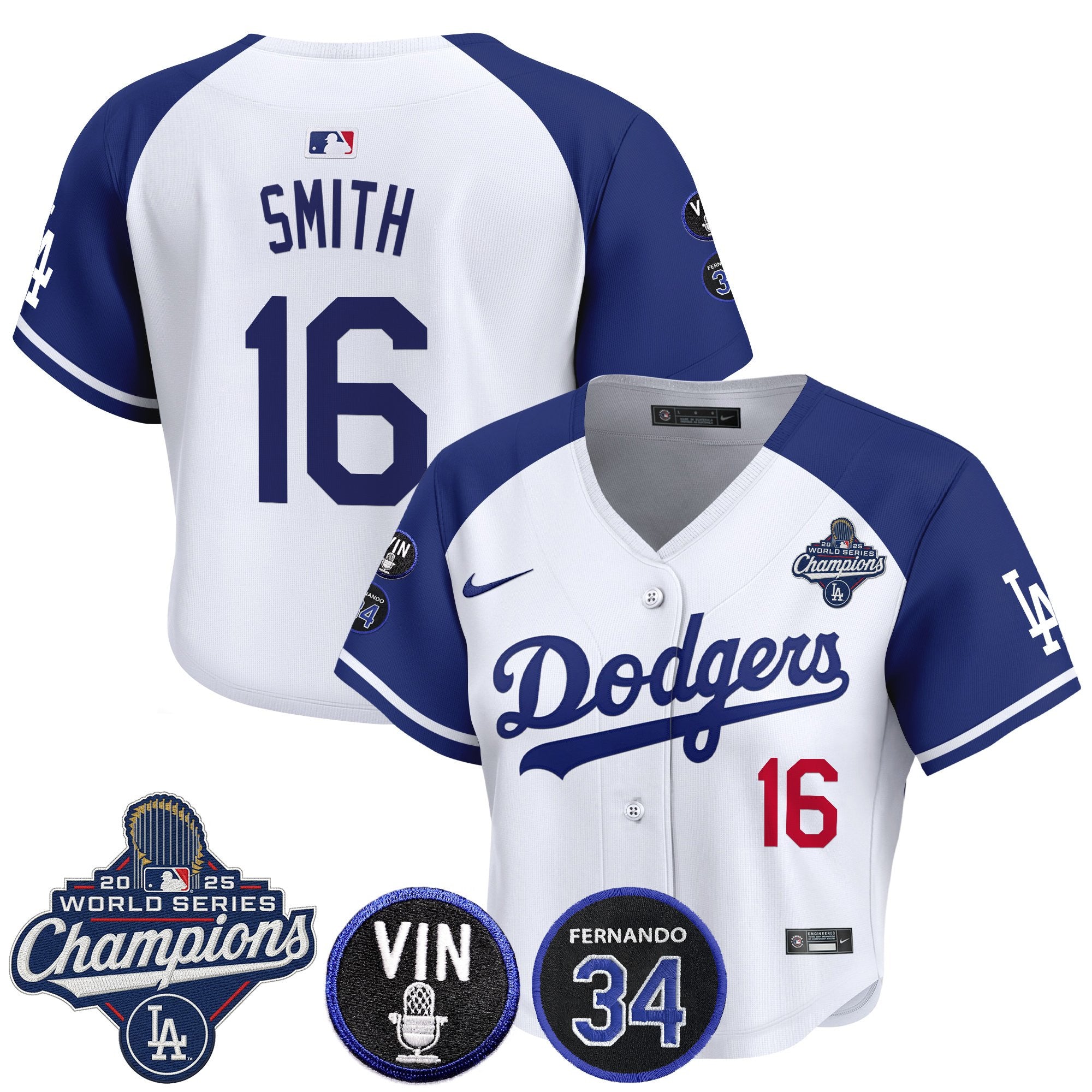 Women's Dodgers 2025 World Series Champions Crop Top Baseball Jersey - Vin Scully & Fernando Patch - All Stitched
