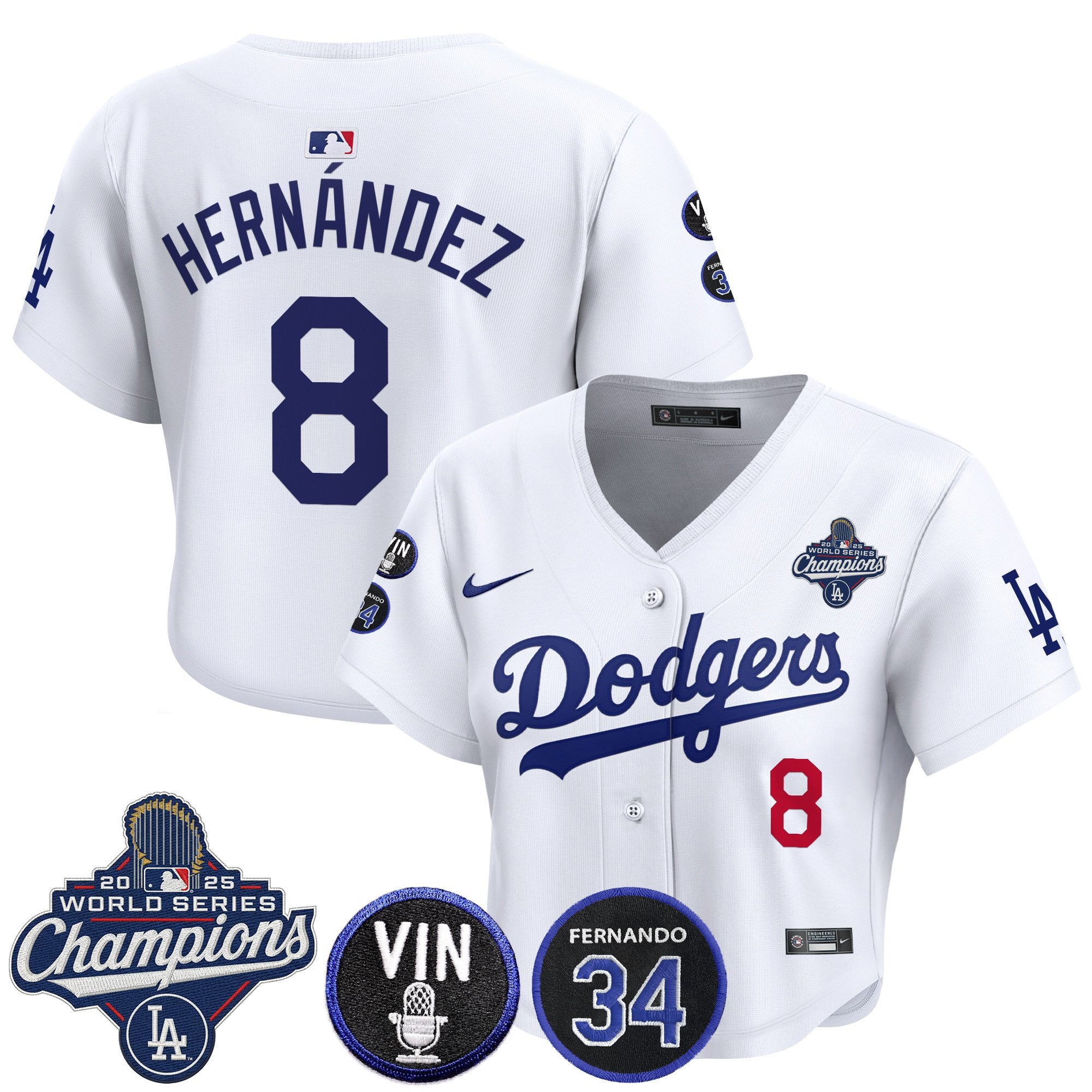 Women's Dodgers 2025 World Series Champions Crop Top Baseball Jersey - Vin Scully & Fernando Patch - All Stitched
