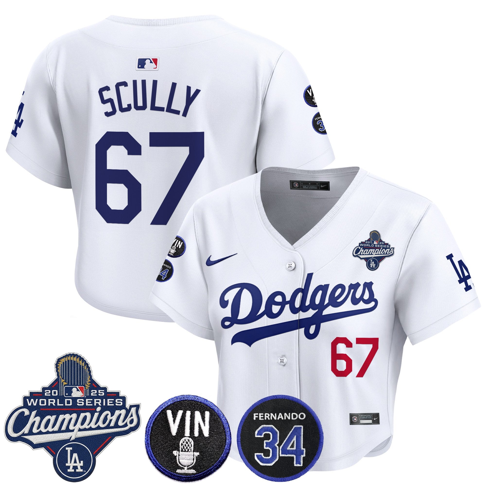 Women's Dodgers 2025 World Series Champions Crop Top Baseball Jersey - Vin Scully & Fernando Patch - All Stitched