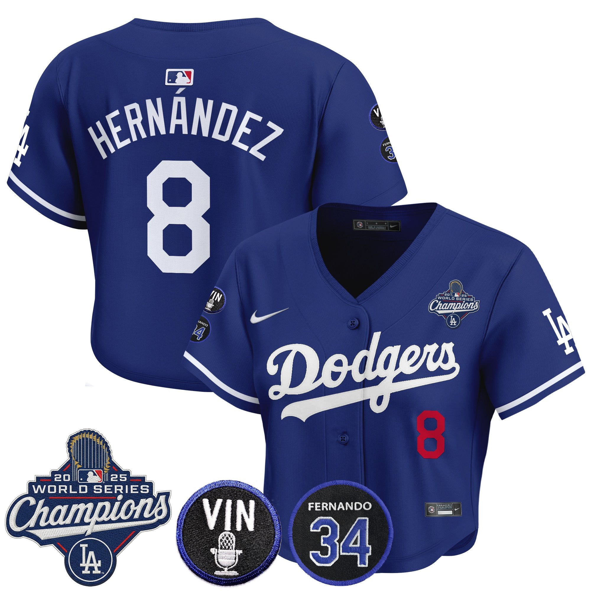Women's Dodgers 2025 World Series Champions Crop Top Baseball Jersey - Vin Scully & Fernando Patch - All Stitched