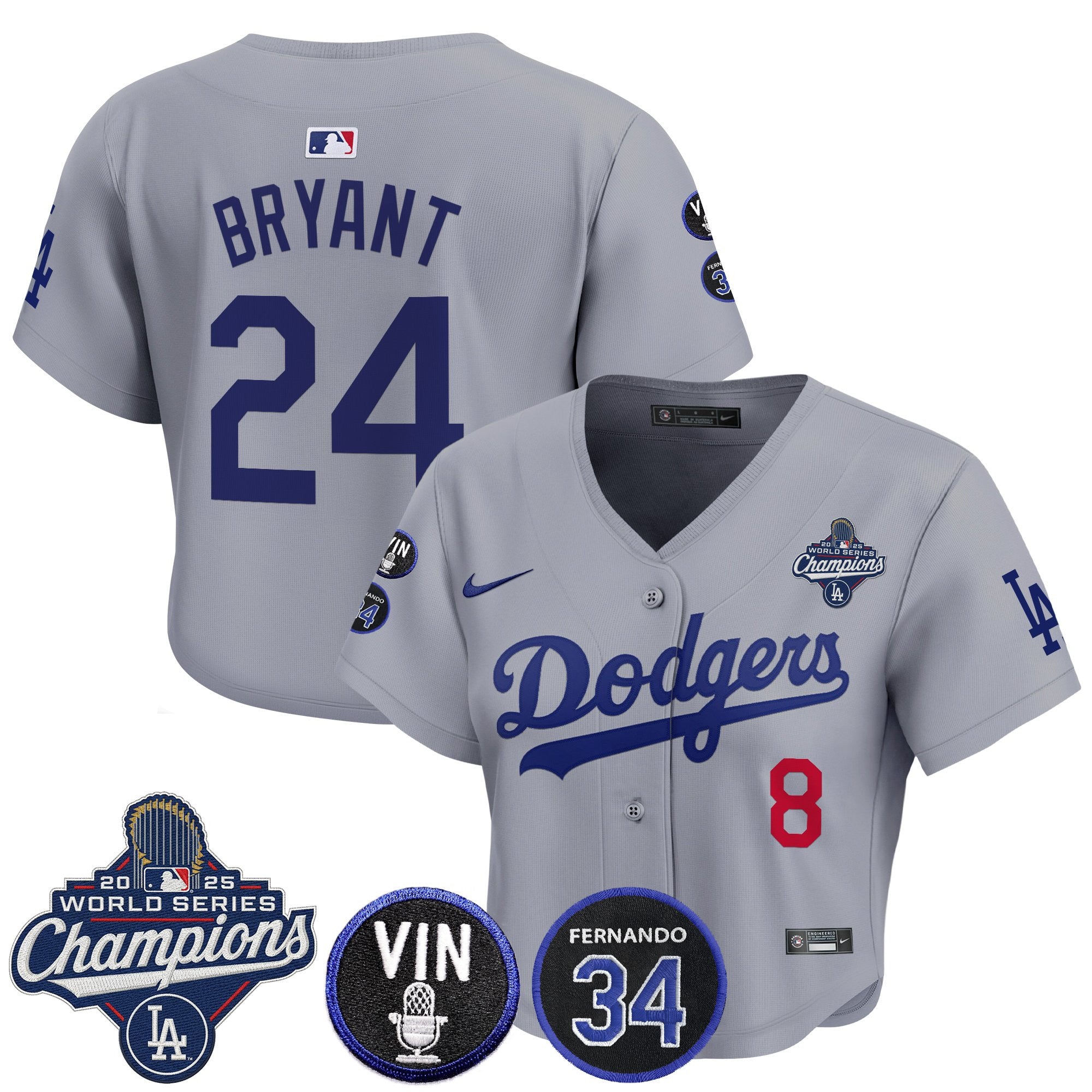 Women's Dodgers 2025 World Series Champions Crop Top Baseball Jersey - Vin Scully & Fernando Patch - All Stitched