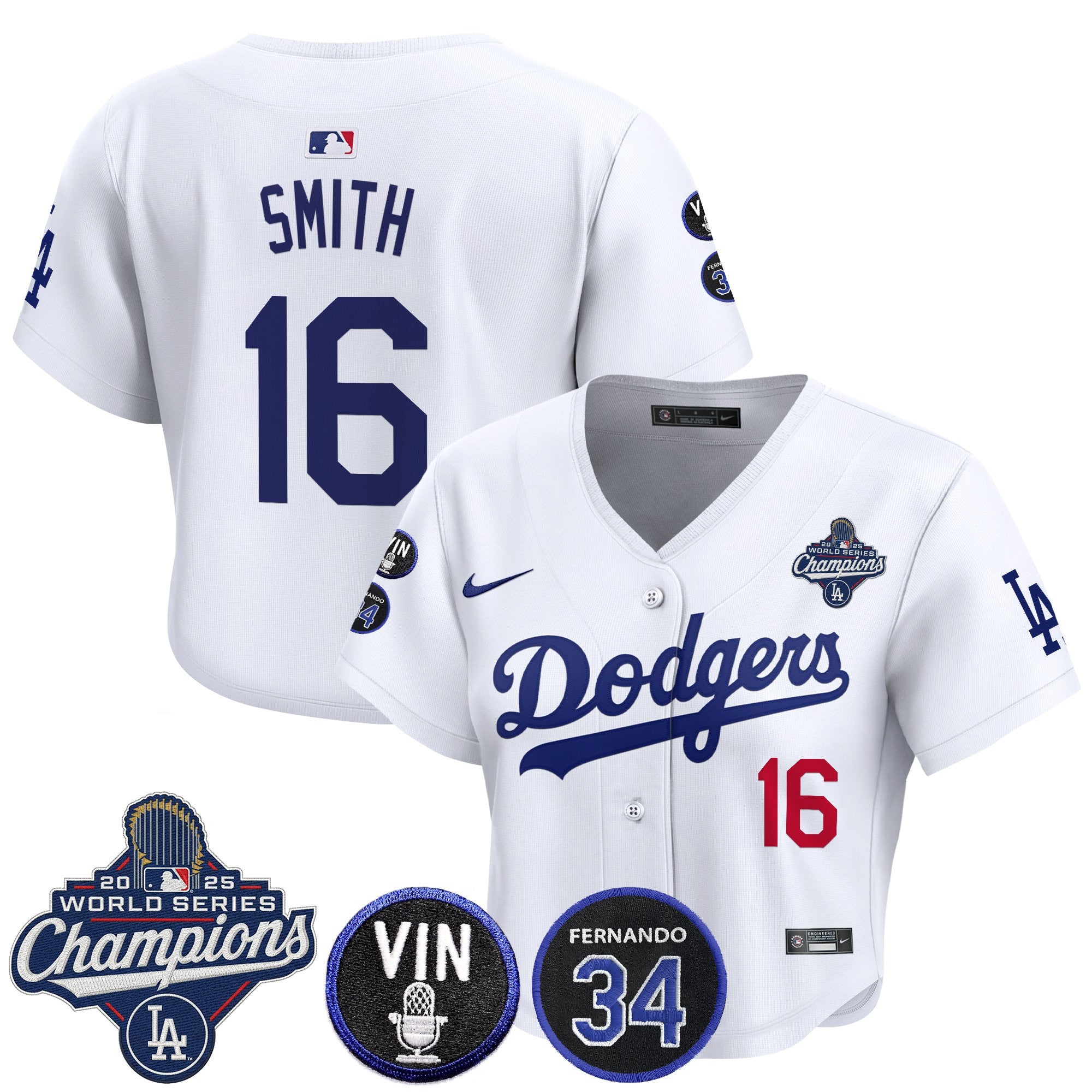 Women's Dodgers 2025 World Series Champions Crop Top Baseball Jersey - Vin Scully & Fernando Patch - All Stitched