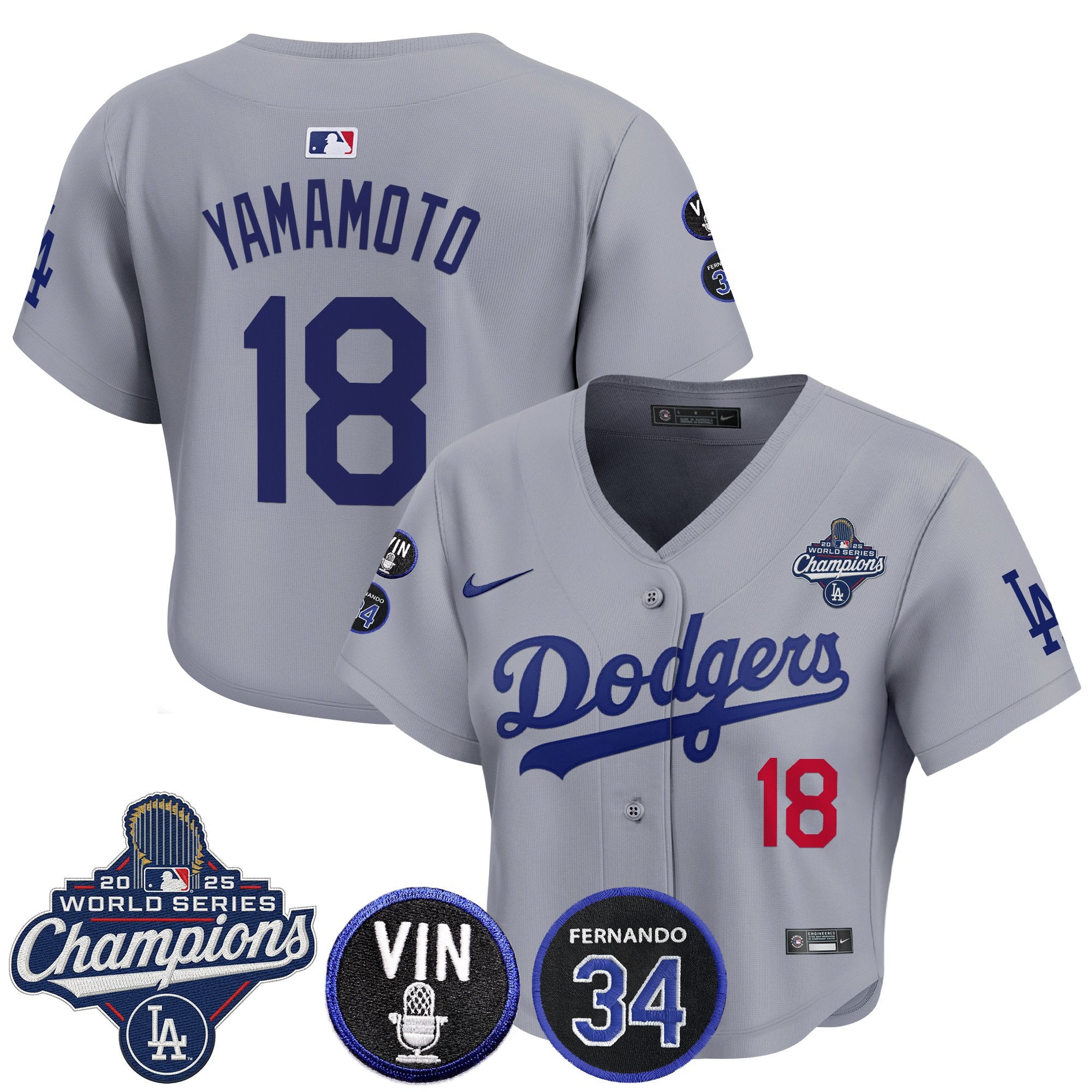 Women's Dodgers 2025 World Series Champions Crop Top Baseball Jersey - Vin Scully & Fernando Patch - All Stitched