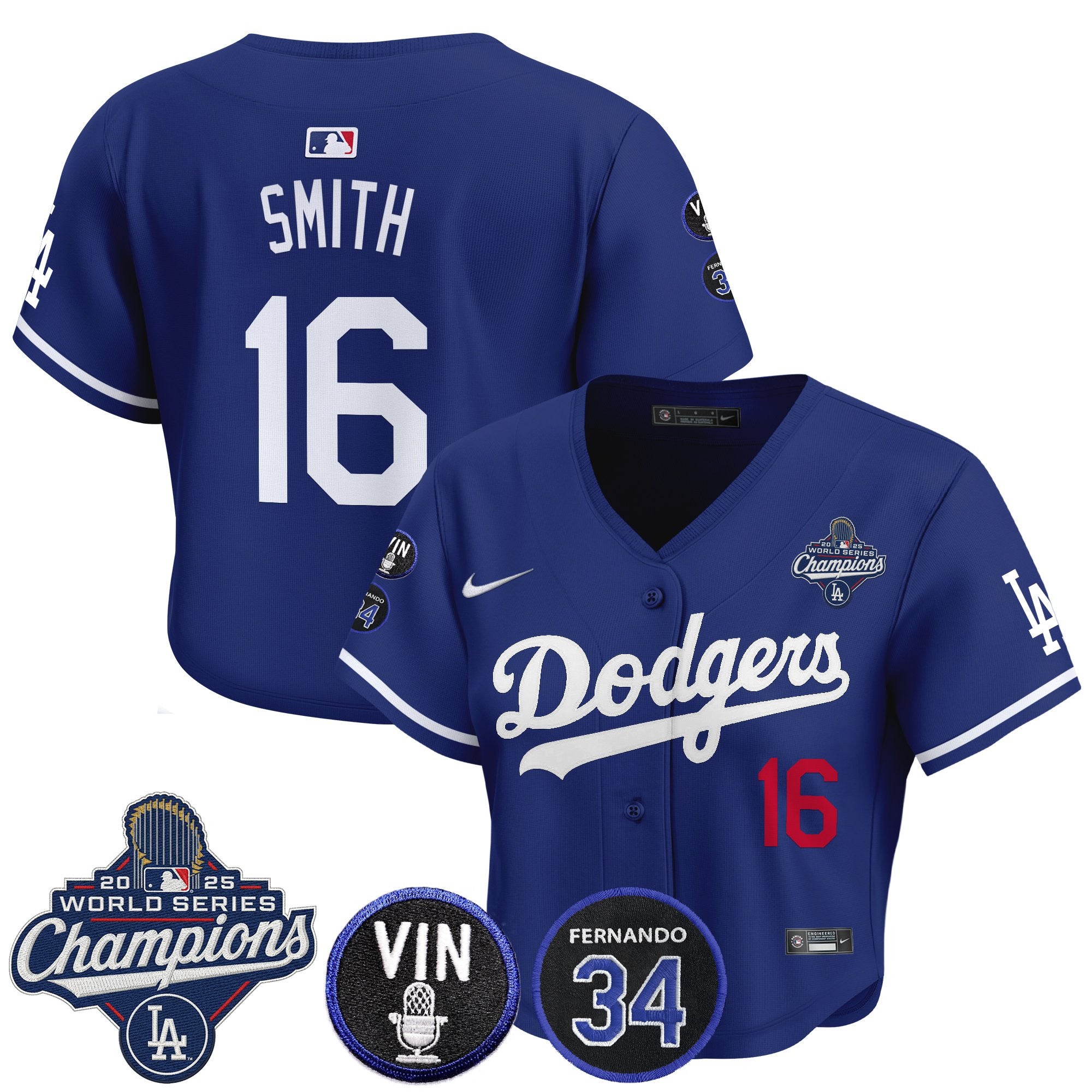 Women's Dodgers 2025 World Series Champions Crop Top Baseball Jersey - Vin Scully & Fernando Patch - All Stitched