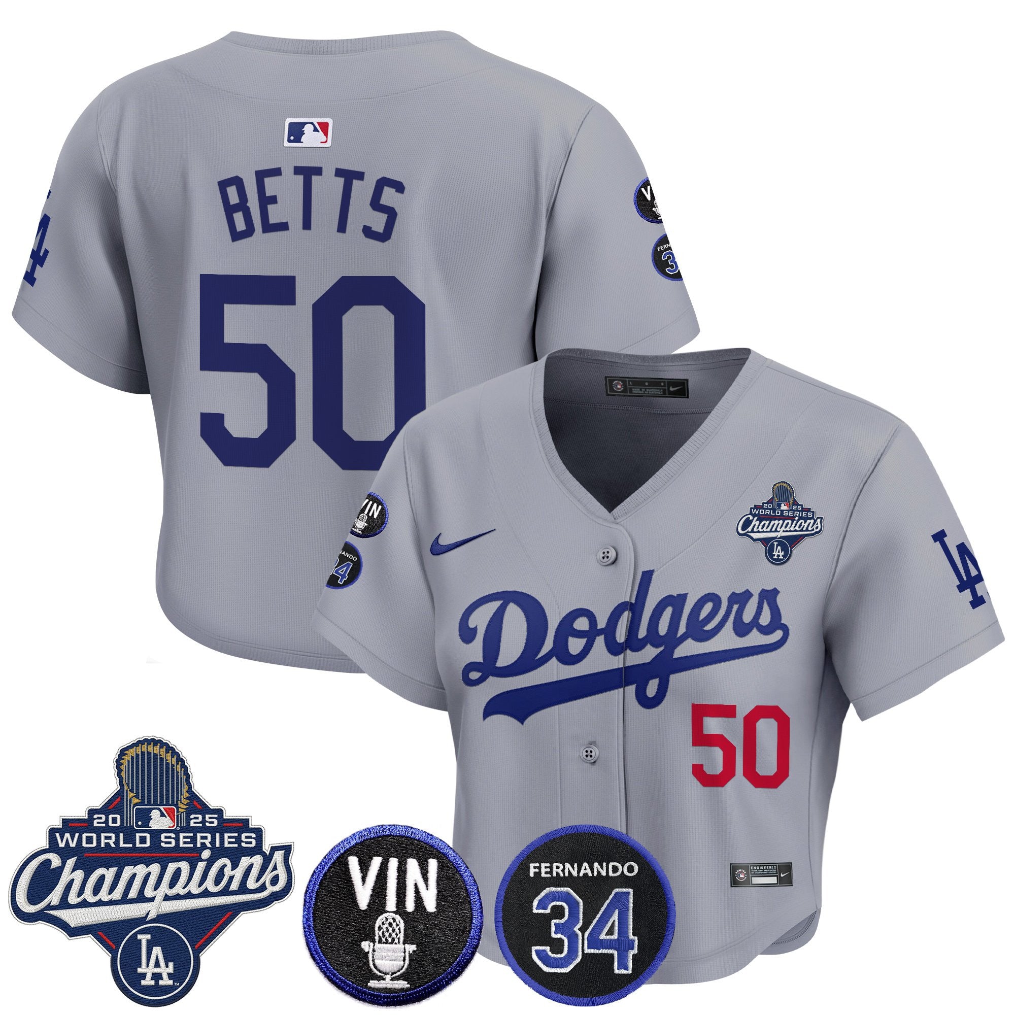 Women's Dodgers 2025 World Series Champions Crop Top Baseball Jersey - Vin Scully & Fernando Patch - All Stitched