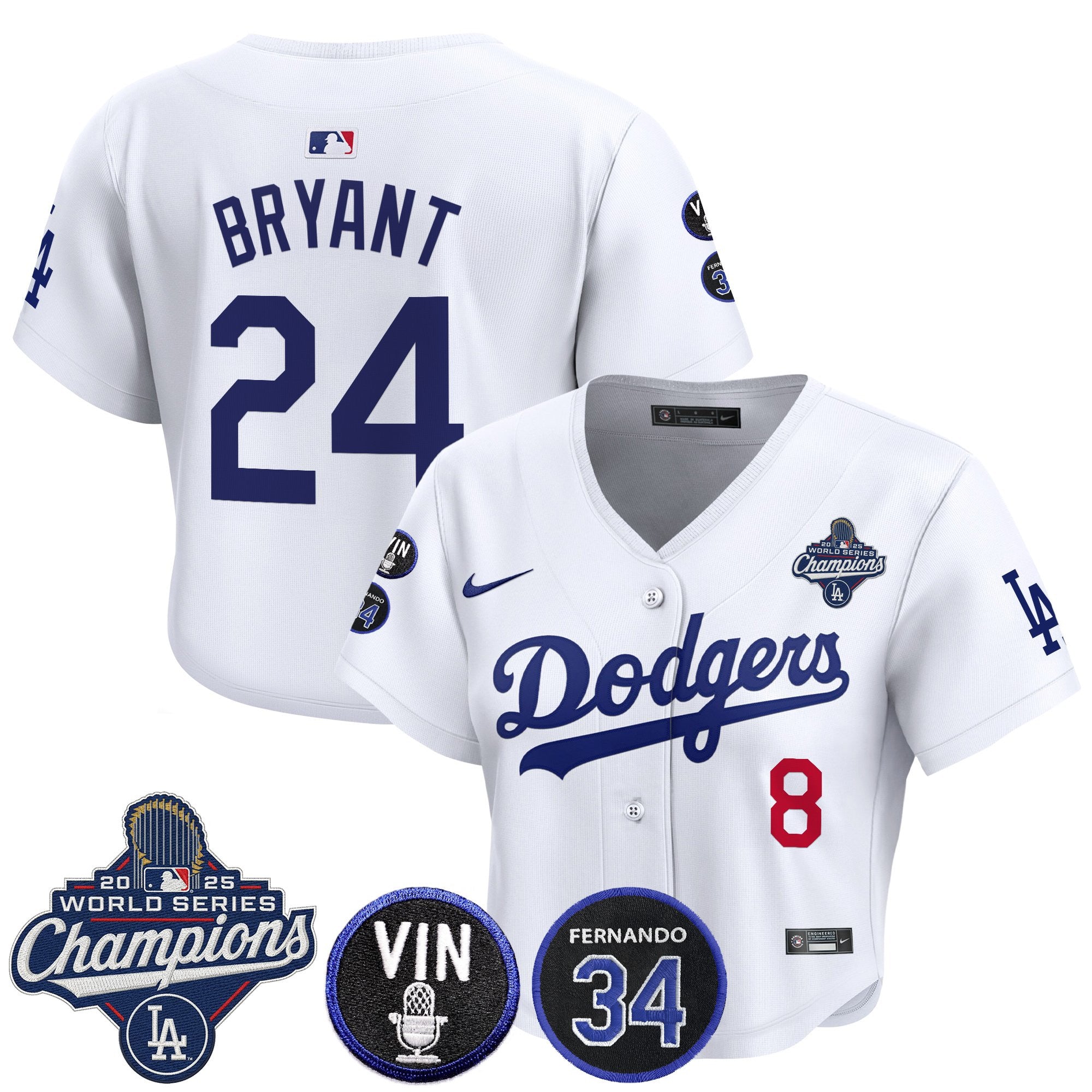 Women's Dodgers 2025 World Series Champions Crop Top Baseball Jersey - Vin Scully & Fernando Patch - All Stitched
