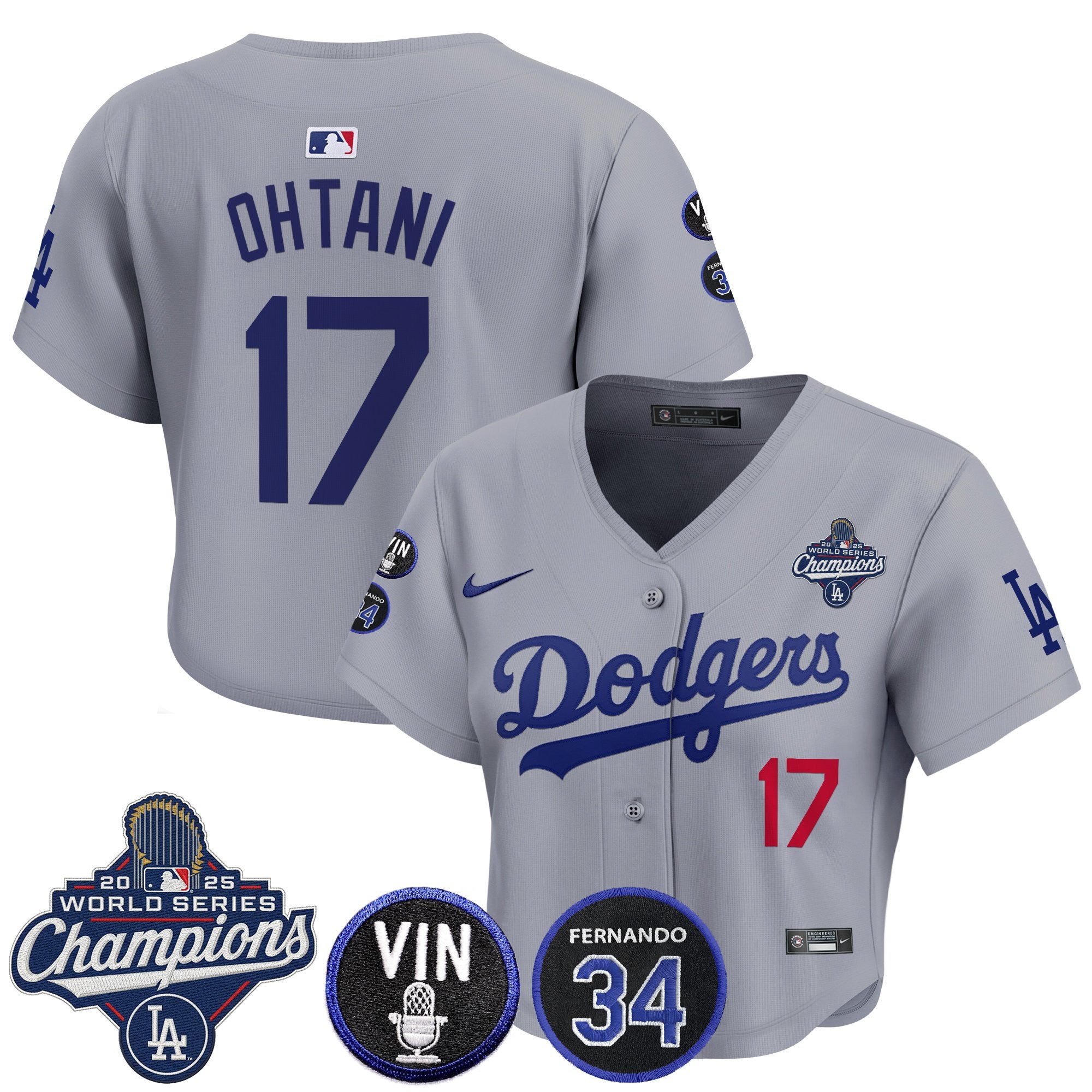 Women's Dodgers 2025 World Series Champions Crop Top Baseball Jersey - Vin Scully & Fernando Patch - All Stitched
