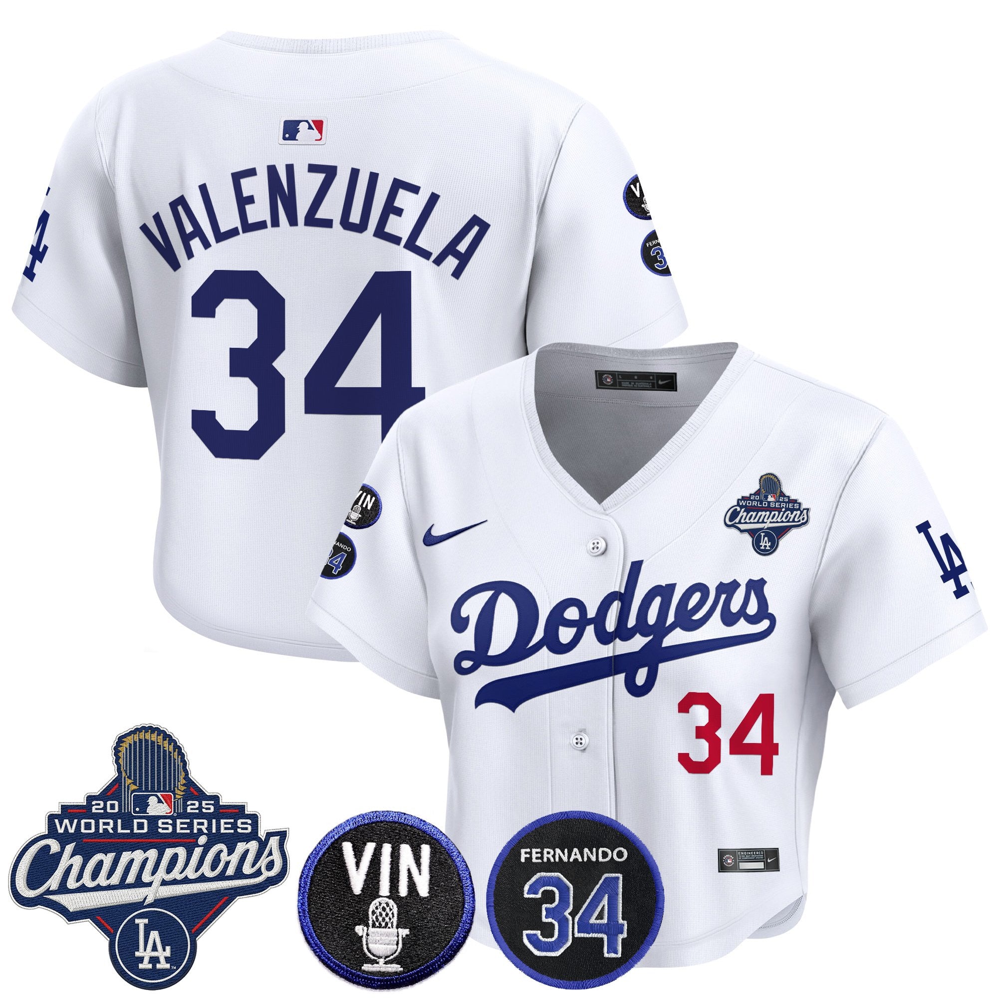 Women's Dodgers 2025 World Series Champions Crop Top Baseball Jersey - Vin Scully & Fernando Patch - All Stitched