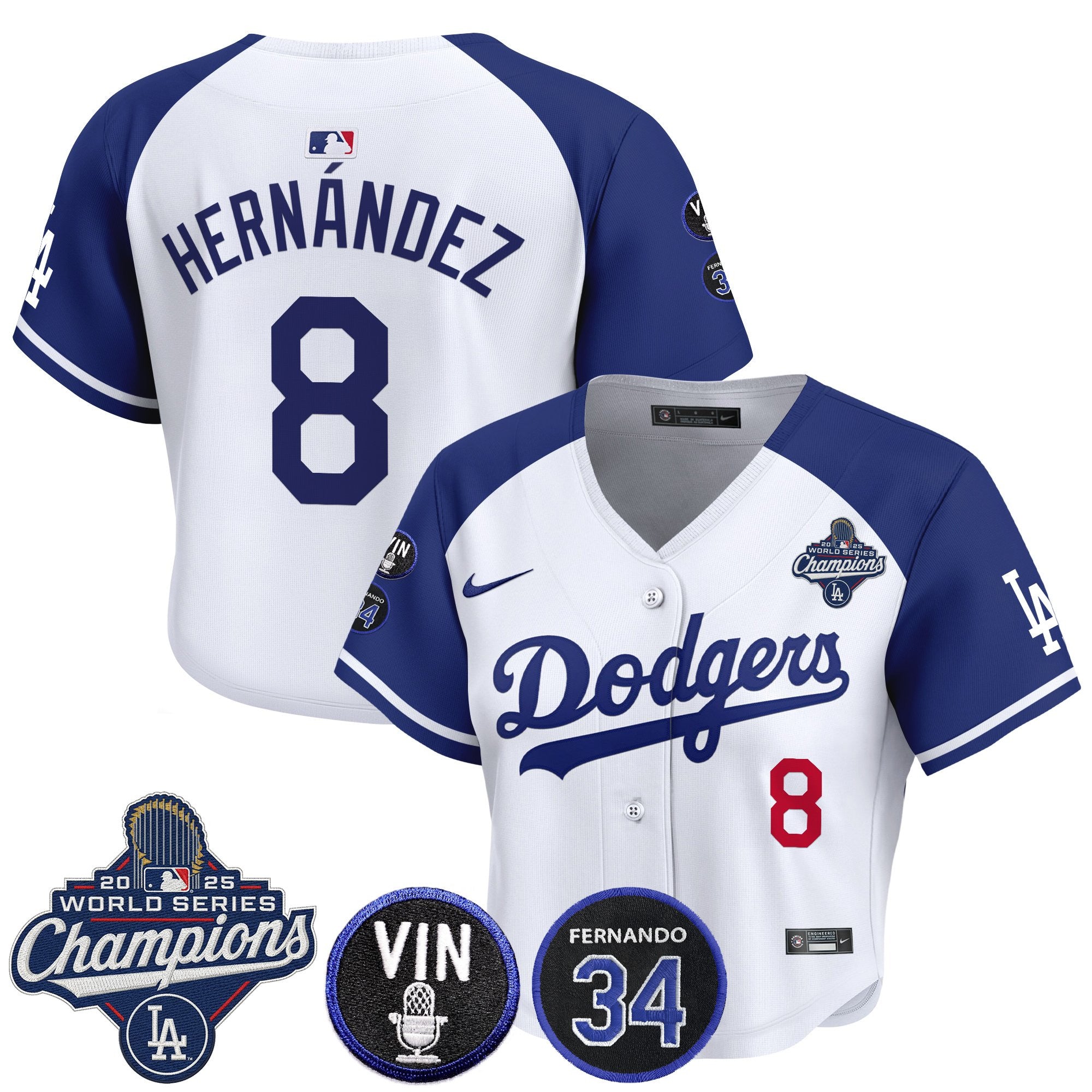 Women's Dodgers 2025 World Series Champions Crop Top Baseball Jersey - Vin Scully & Fernando Patch - All Stitched