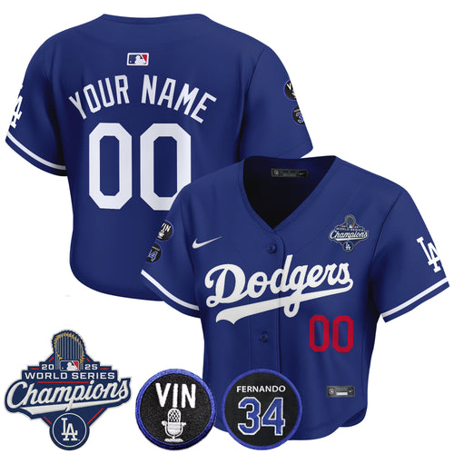 Dodgers 2025 World Series Champions Crop Top Baseball Custom Jersey - Vin Scully & Fernando Patch - All Stitched
