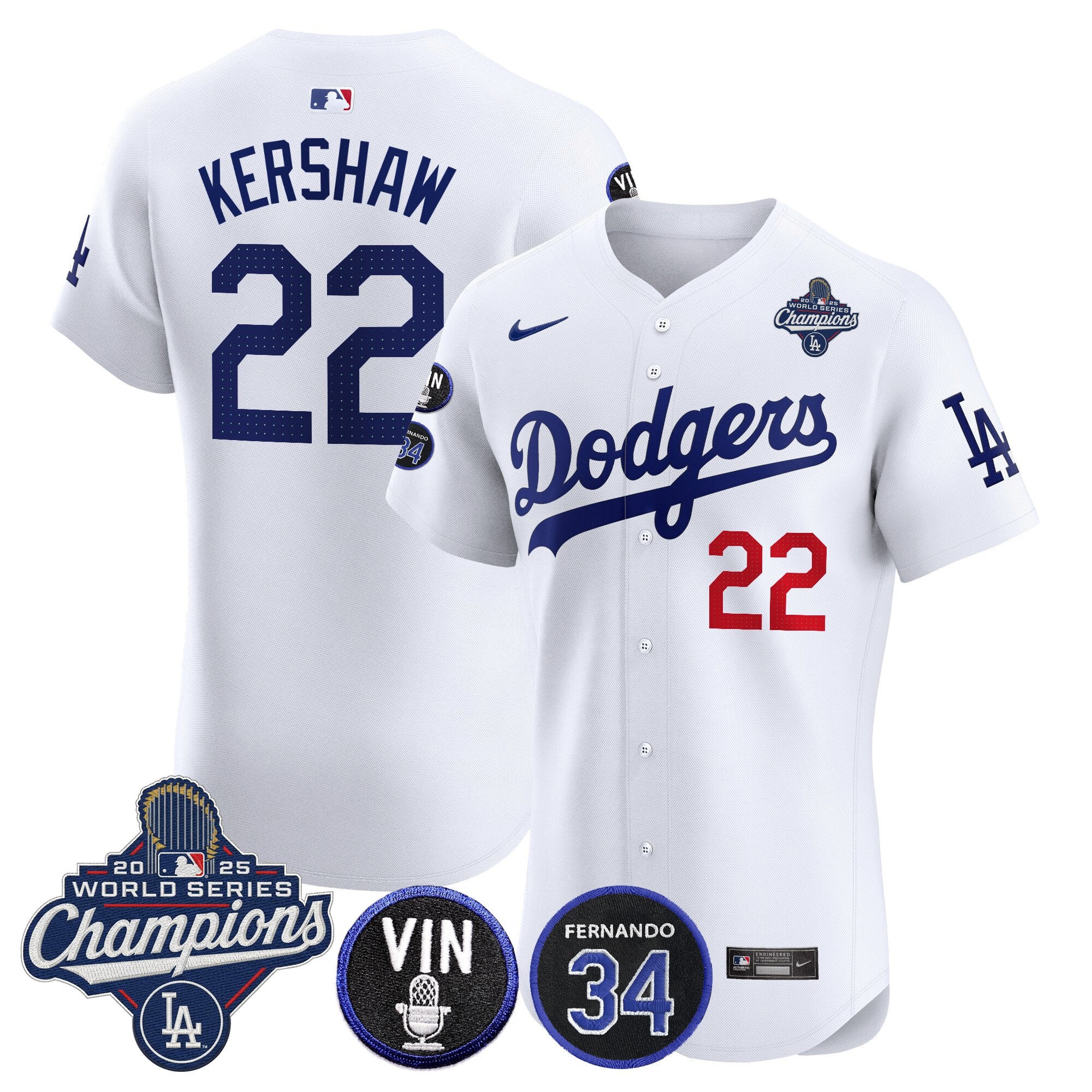 Men's Dodgers 2025 World Series Champions Vapor Premier Elite Jersey - Vin Scully & Fernando Patch - All Stitched