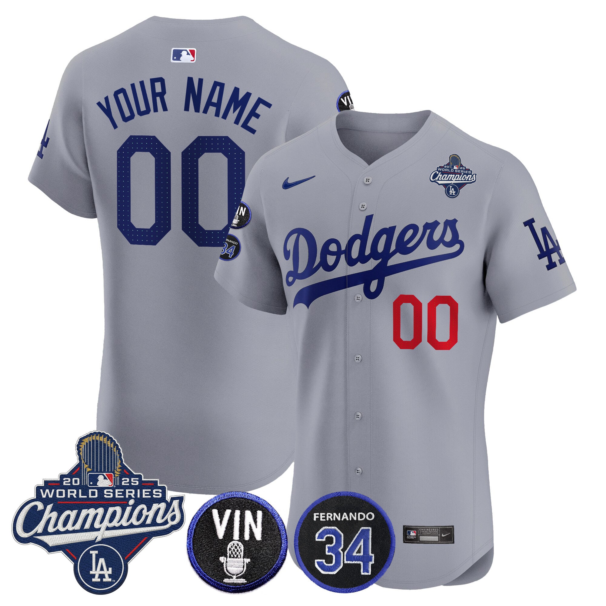 Dodgers 2025 World Series Champions Vapor Premier Elite Custom Jersey - Vin Scully & Fernando Patch - All Stitched