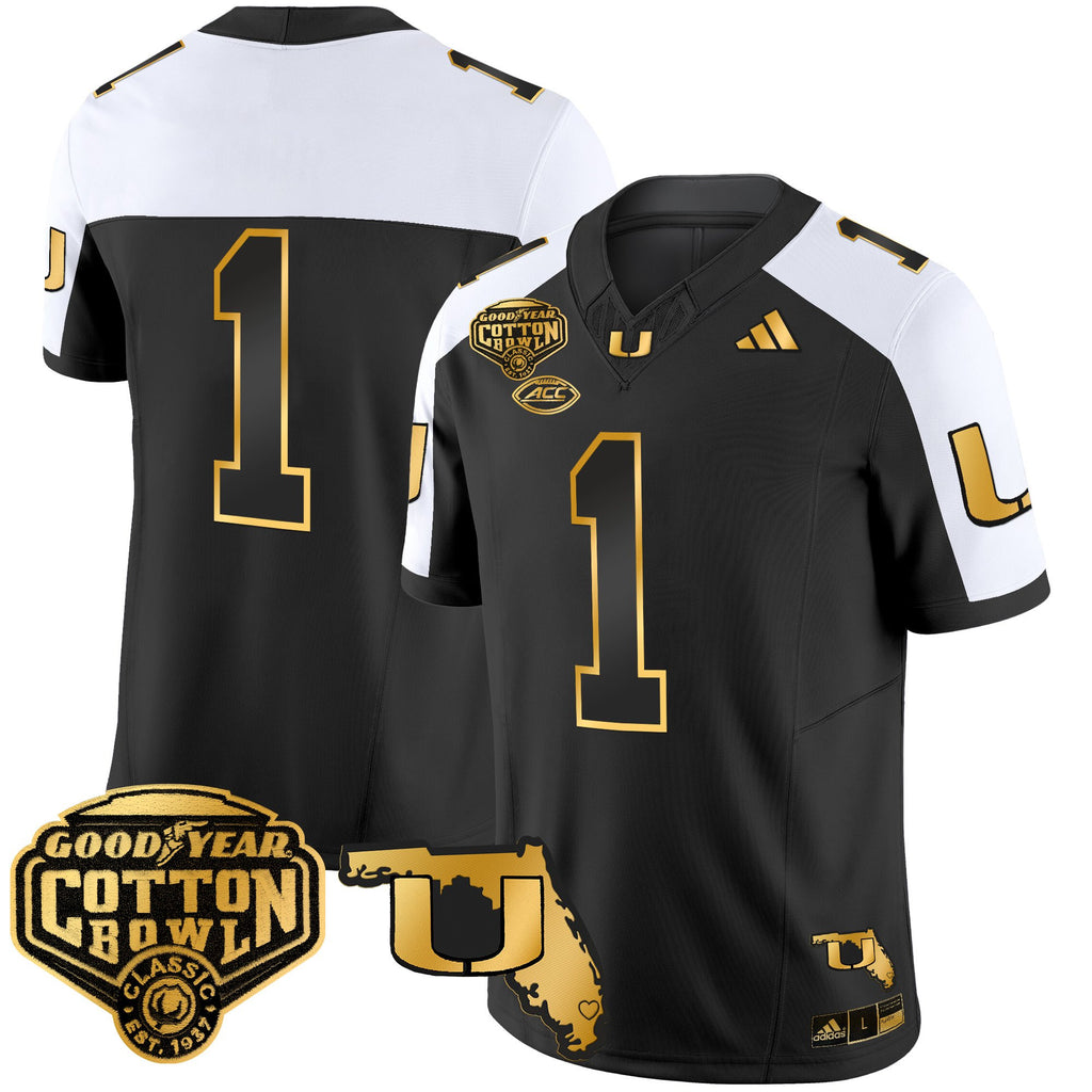 Men's Miami Hurricanes 2025/26 Cotton Bowl & Florida Patch Gold Vapor Limited Jersey - All Stitched