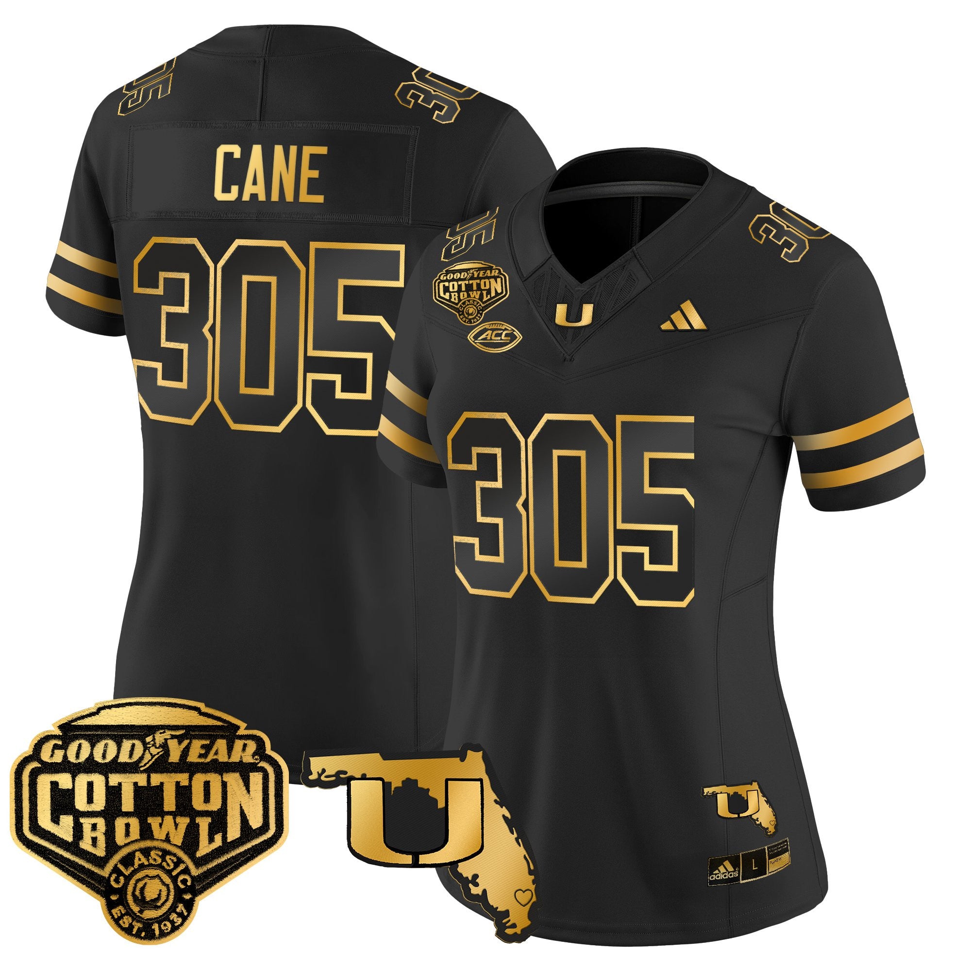 Women's Miami Hurricanes 2025/26 Cotton Bowl & Florida Patch Gold Vapor Limited Jersey - All Stitched