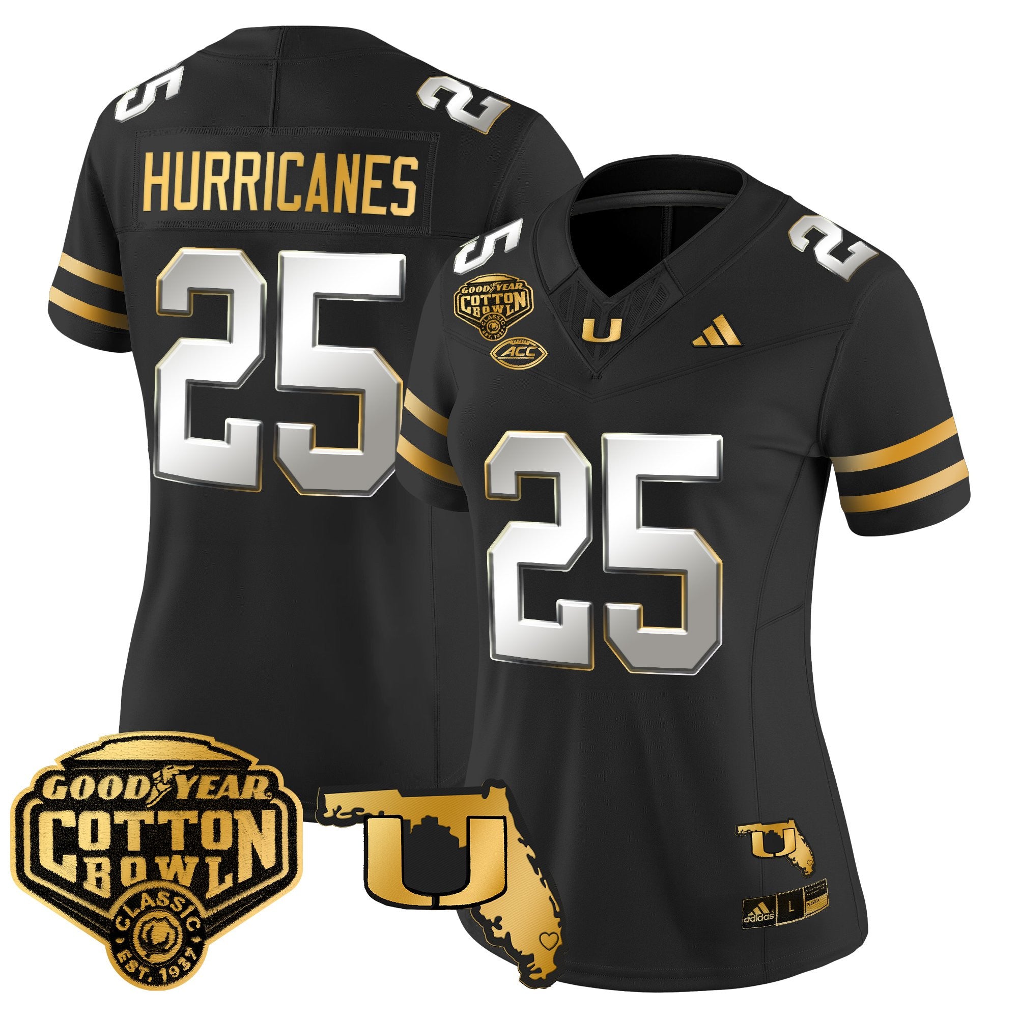 Women's Miami Hurricanes 2025/26 Cotton Bowl & Florida Patch Gold Vapor Limited Jersey - All Stitched