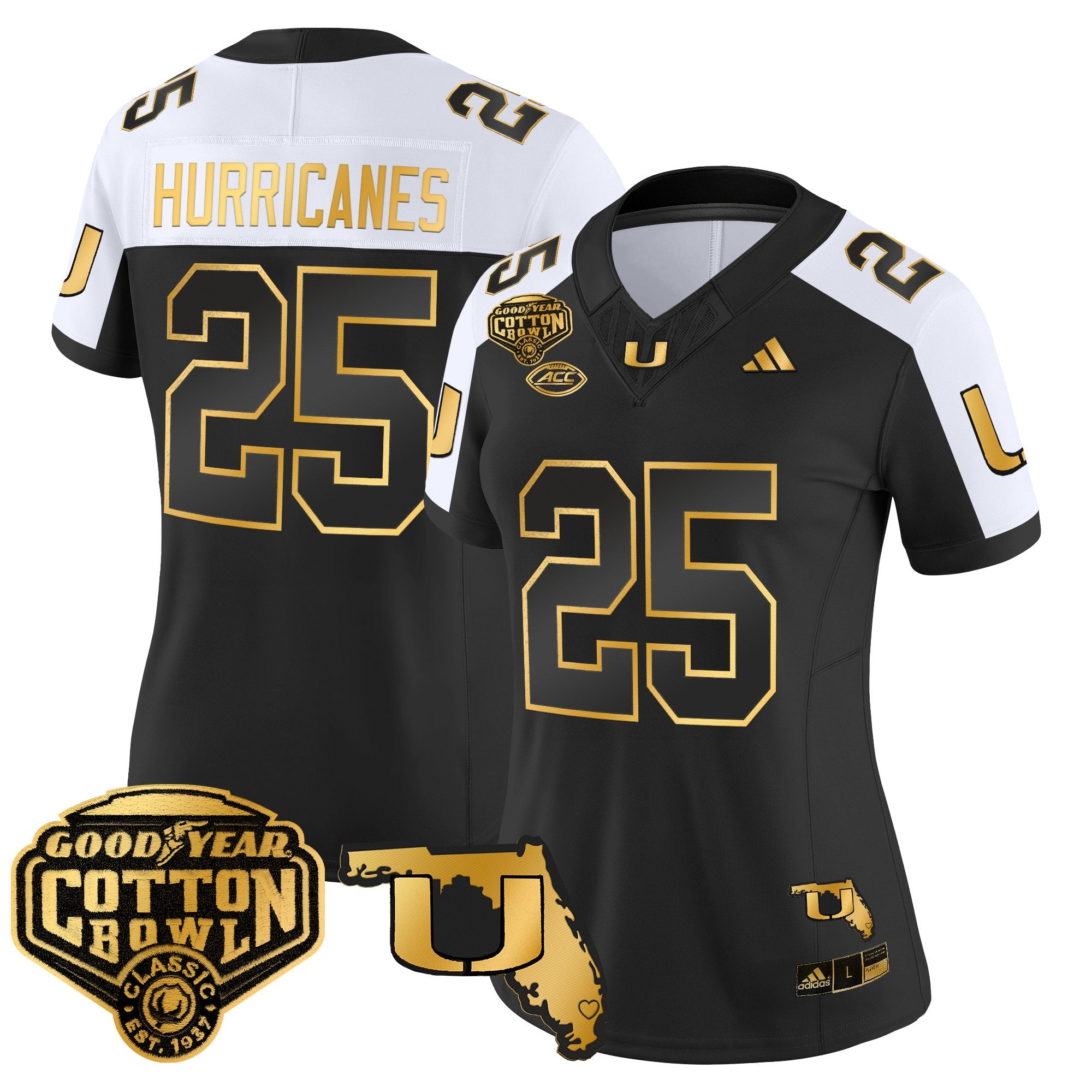 Women's Miami Hurricanes 2025/26 Cotton Bowl & Florida Patch Gold Vapor Limited Jersey - All Stitched