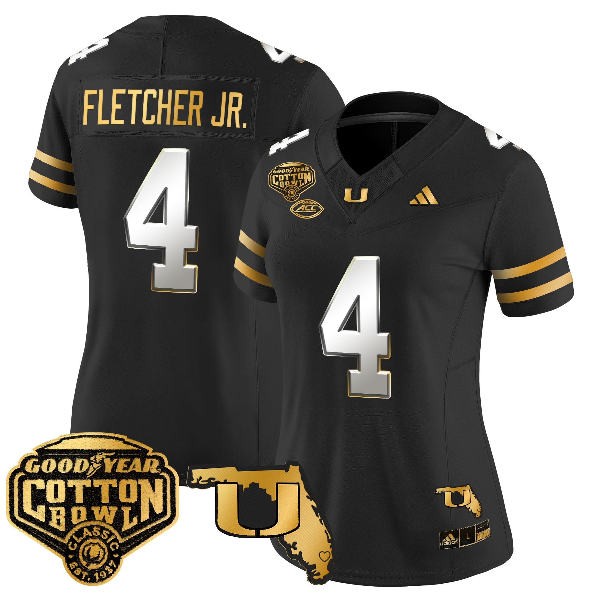 Women's Miami Hurricanes 2025/26 Cotton Bowl & Florida Patch Gold Vapor Limited Jersey - All Stitched