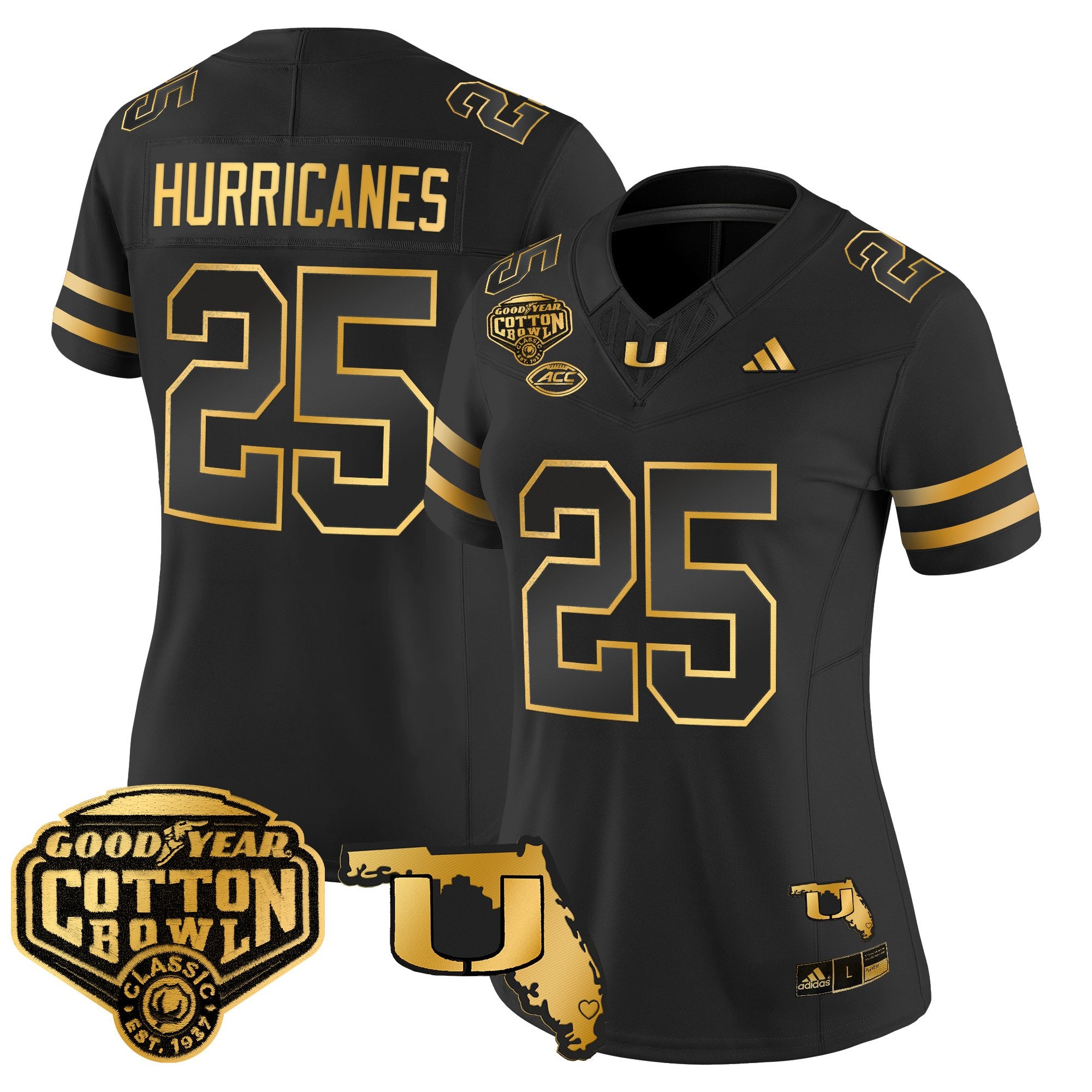 Women's Miami Hurricanes 2025/26 Cotton Bowl & Florida Patch Gold Vapor Limited Jersey - All Stitched