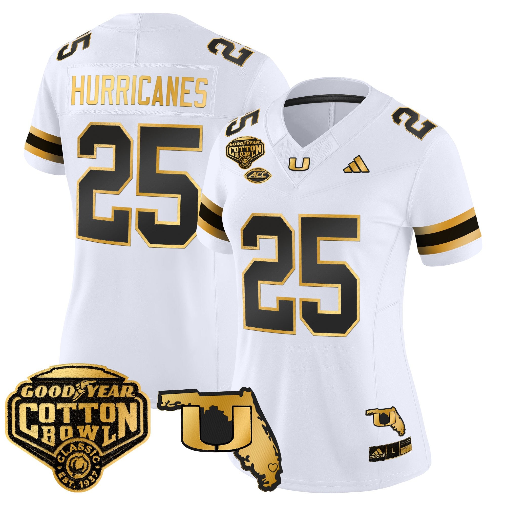 Women's Miami Hurricanes 2025/26 Cotton Bowl & Florida Patch Gold Vapor Limited Jersey - All Stitched