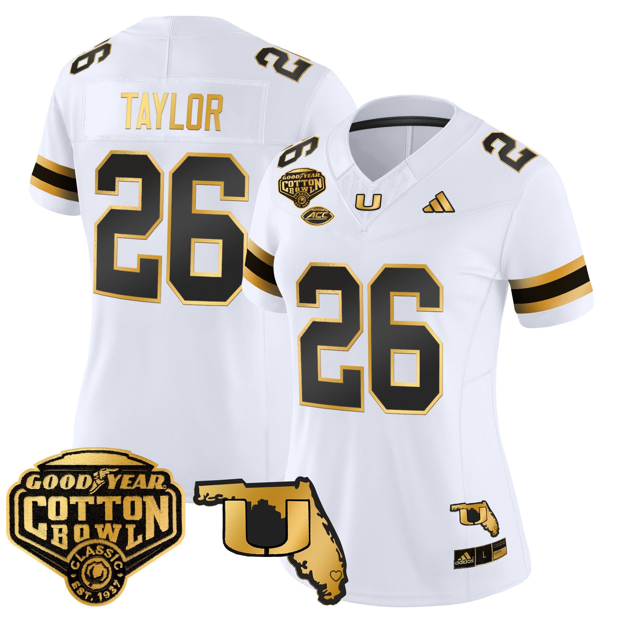 Women's Miami Hurricanes 2025/26 Cotton Bowl & Florida Patch Gold Vapor Limited Jersey - All Stitched