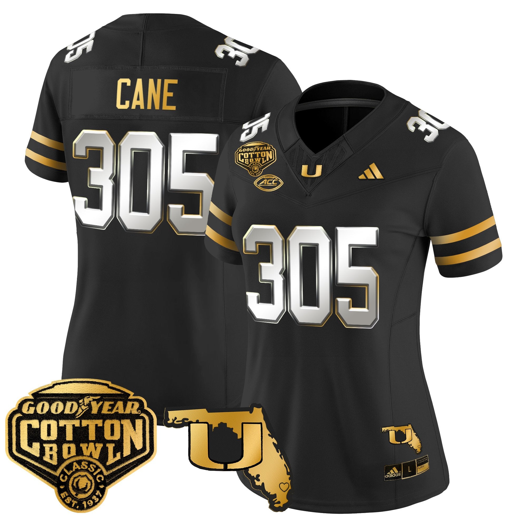 Women's Miami Hurricanes 2025/26 Cotton Bowl & Florida Patch Gold Vapor Limited Jersey - All Stitched