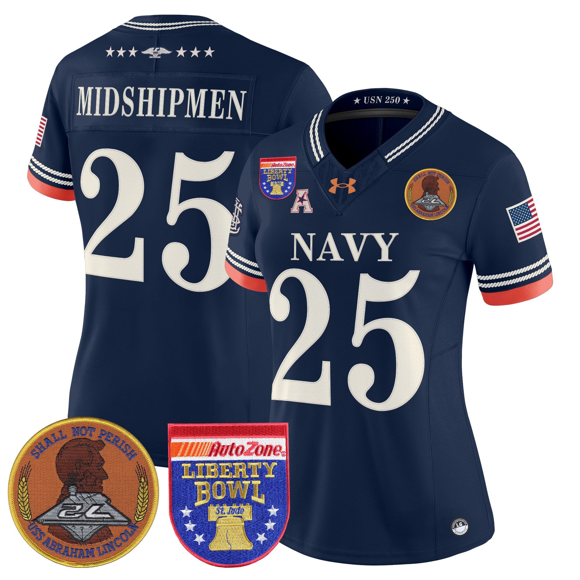 Women's Navy Midshipmen 250th Anniversary Vapor Limited Jersey - 2026 Liberty Bowl Patch - Stitched