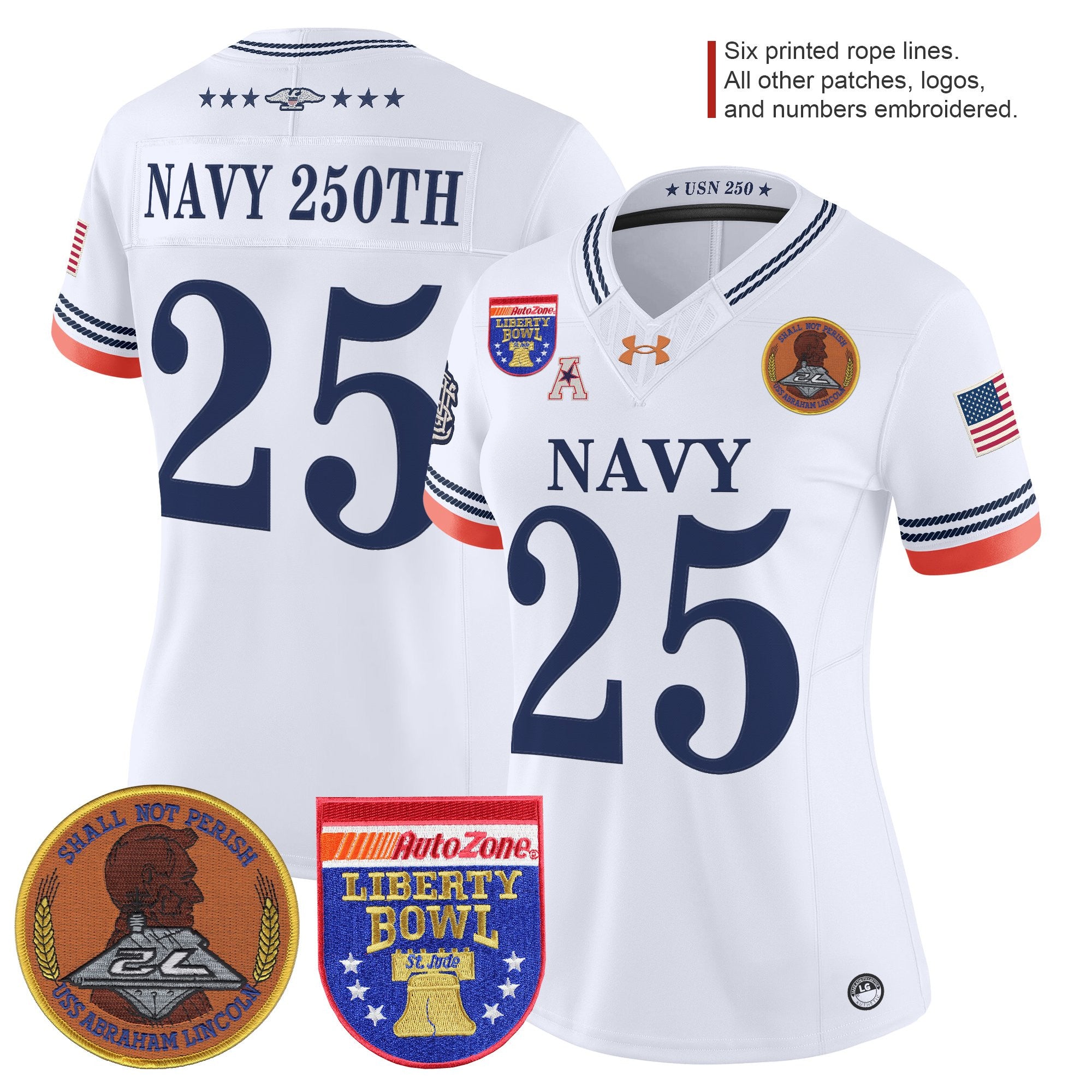 Women's Navy Midshipmen 250th Anniversary Vapor Limited Jersey - 2026 Liberty Bowl Patch - Stitched