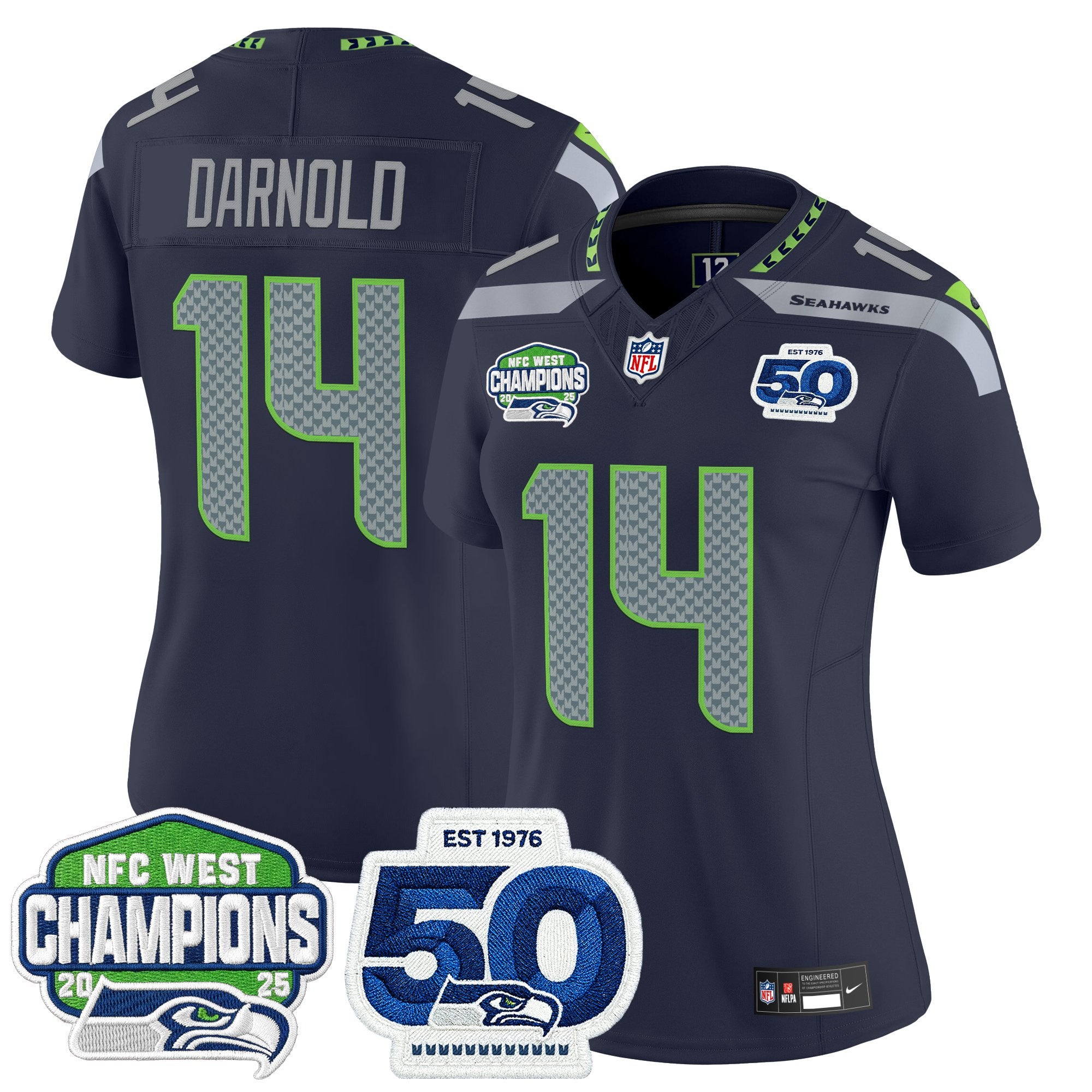 Women's Seattle Seahawks 2025 NFC West Division Champions & 50th Anniversary Patch Vapor Limited Jersey - All Stitched